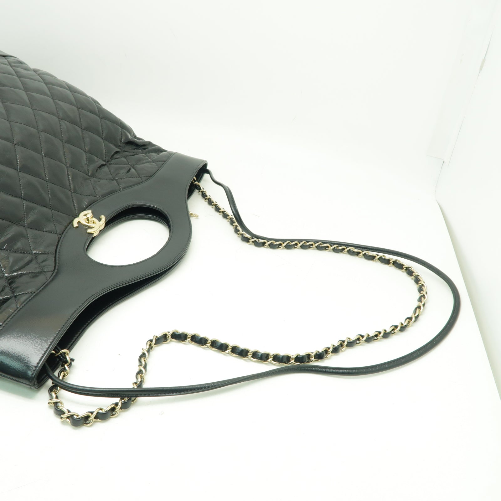 CHANEL 菱格Aged Calf皮革Shoulder Bag金扣手挽肩背兩用袋黒色