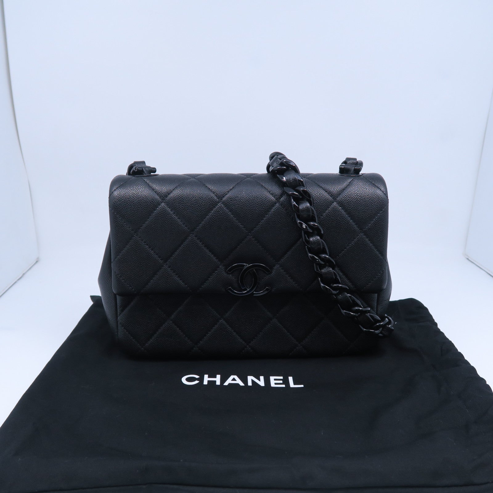 CHANEL 菱格牛皮皮革Chain Shoulder Bag銀扣鏈帶肩背袋黑色