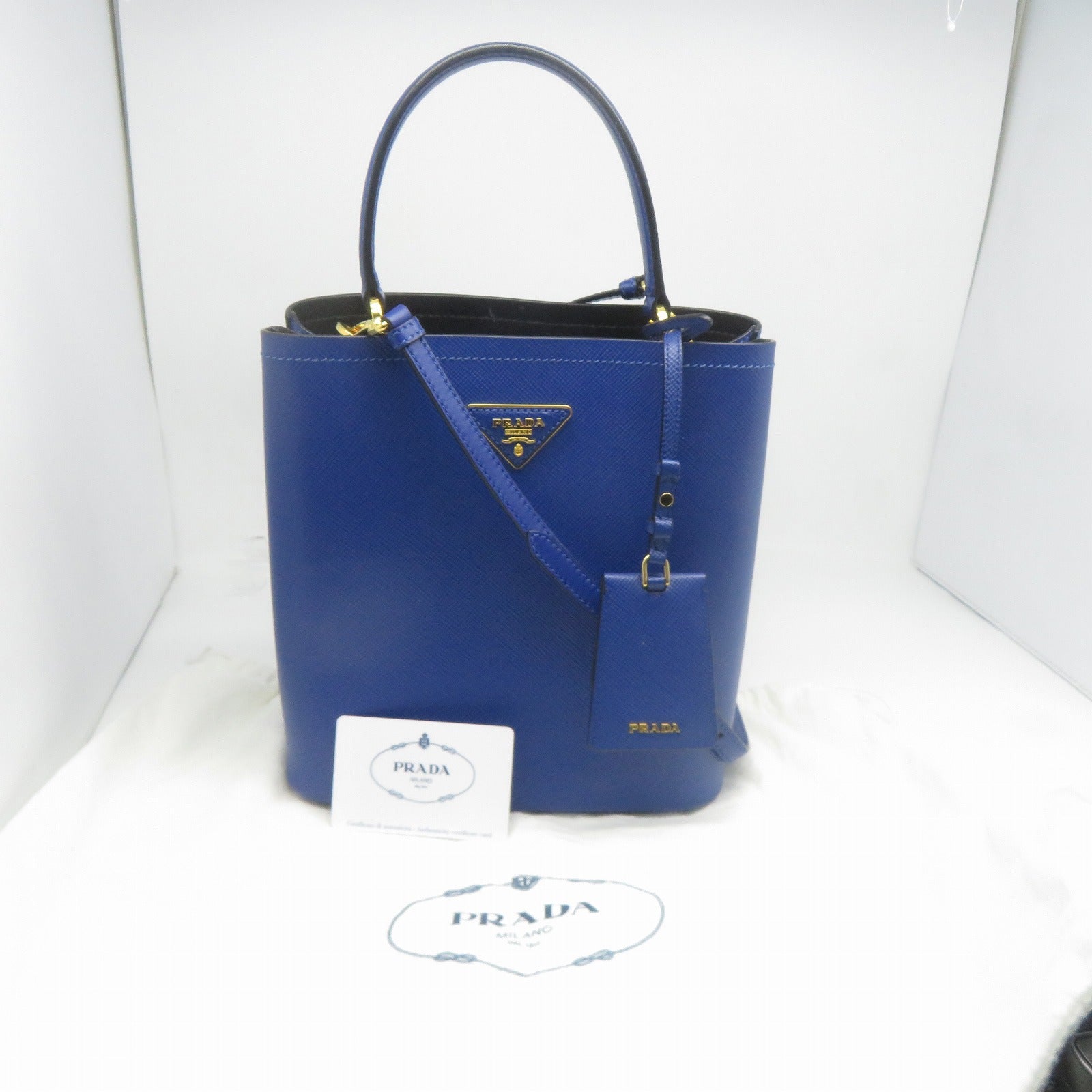 PRADA Saffiano皮革Panier Bag金扣手挽肩背兩用袋藍色