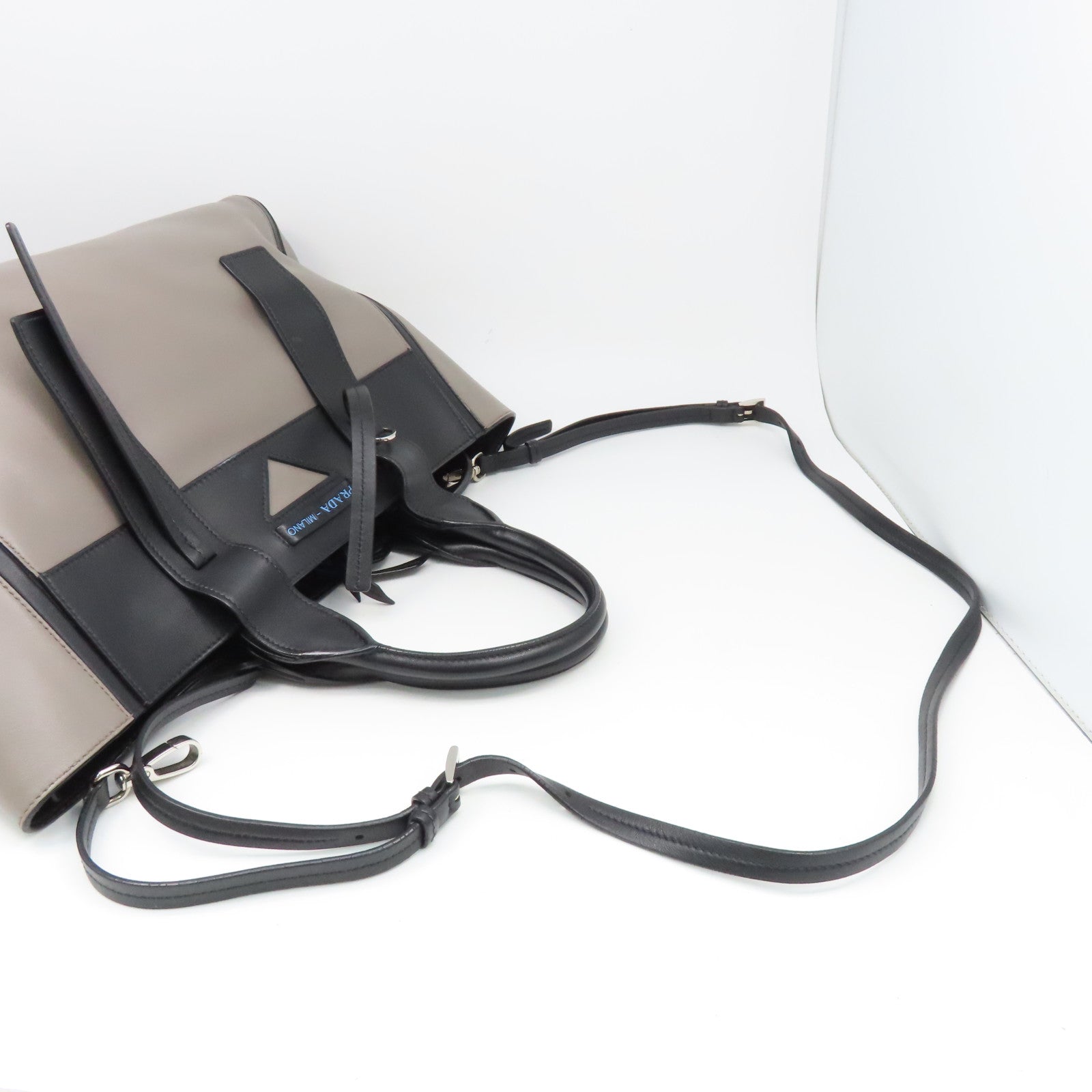 PRADA cowhide leather 2Way Bag silver buckle handle shoulder bag gray