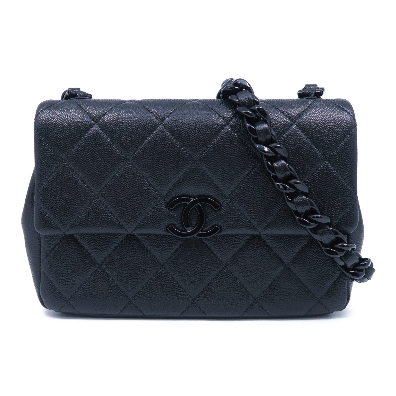CHANEL 菱格牛皮皮革Chain Shoulder Bag銀扣鏈帶肩背袋黑色