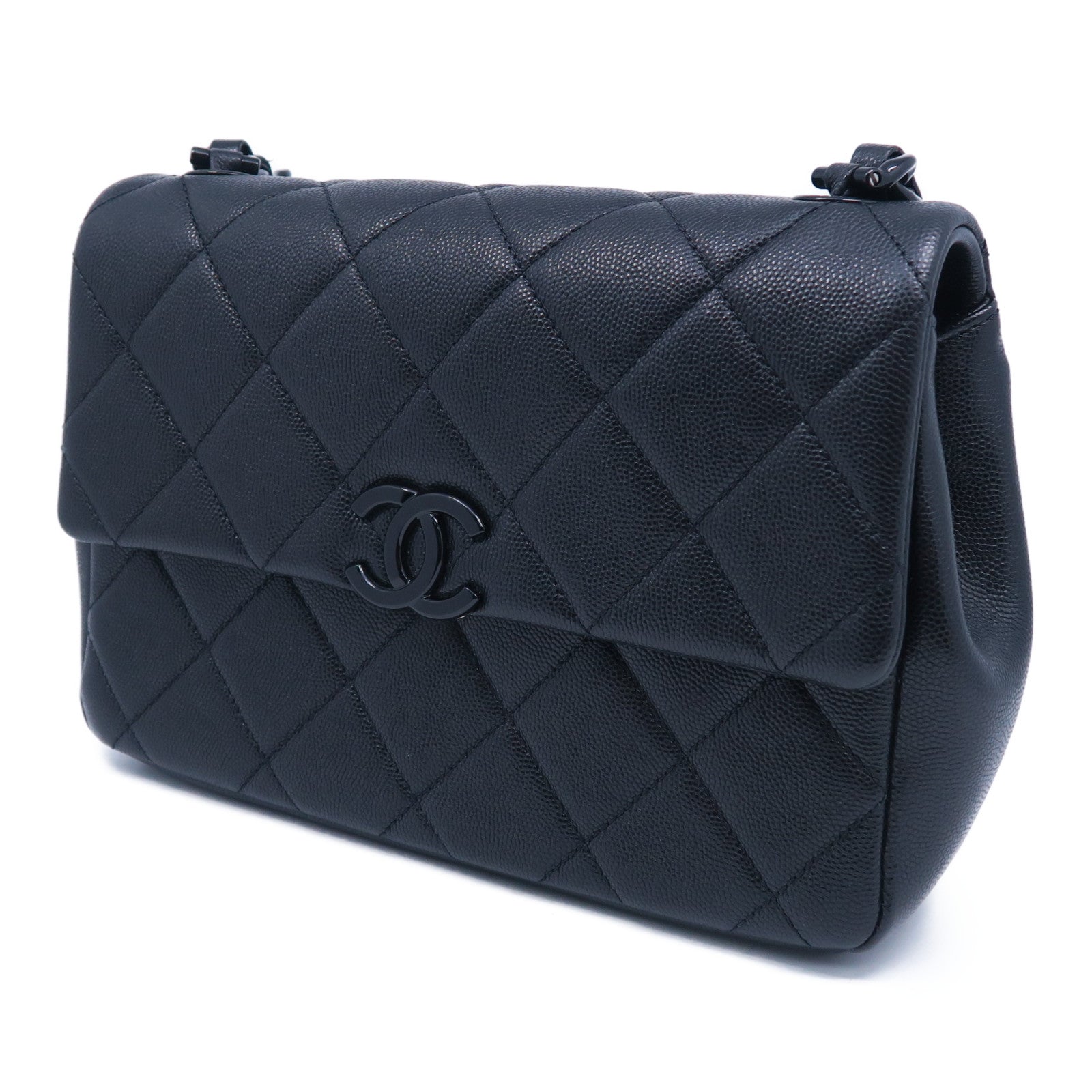 CHANEL 菱格牛皮皮革Chain Shoulder Bag銀扣鏈帶肩背袋黑色