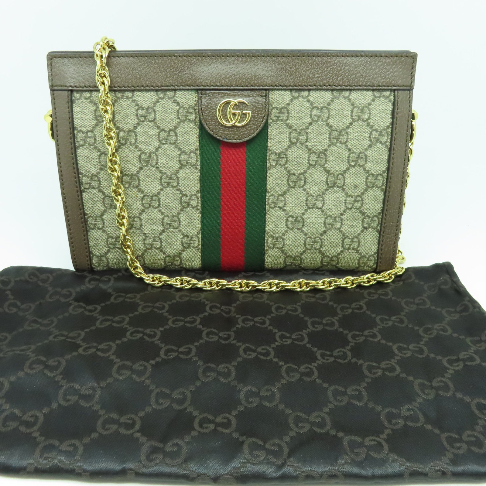 GUCCI 塗層帆布Ophidia金扣鏈帶肩背袋啡色