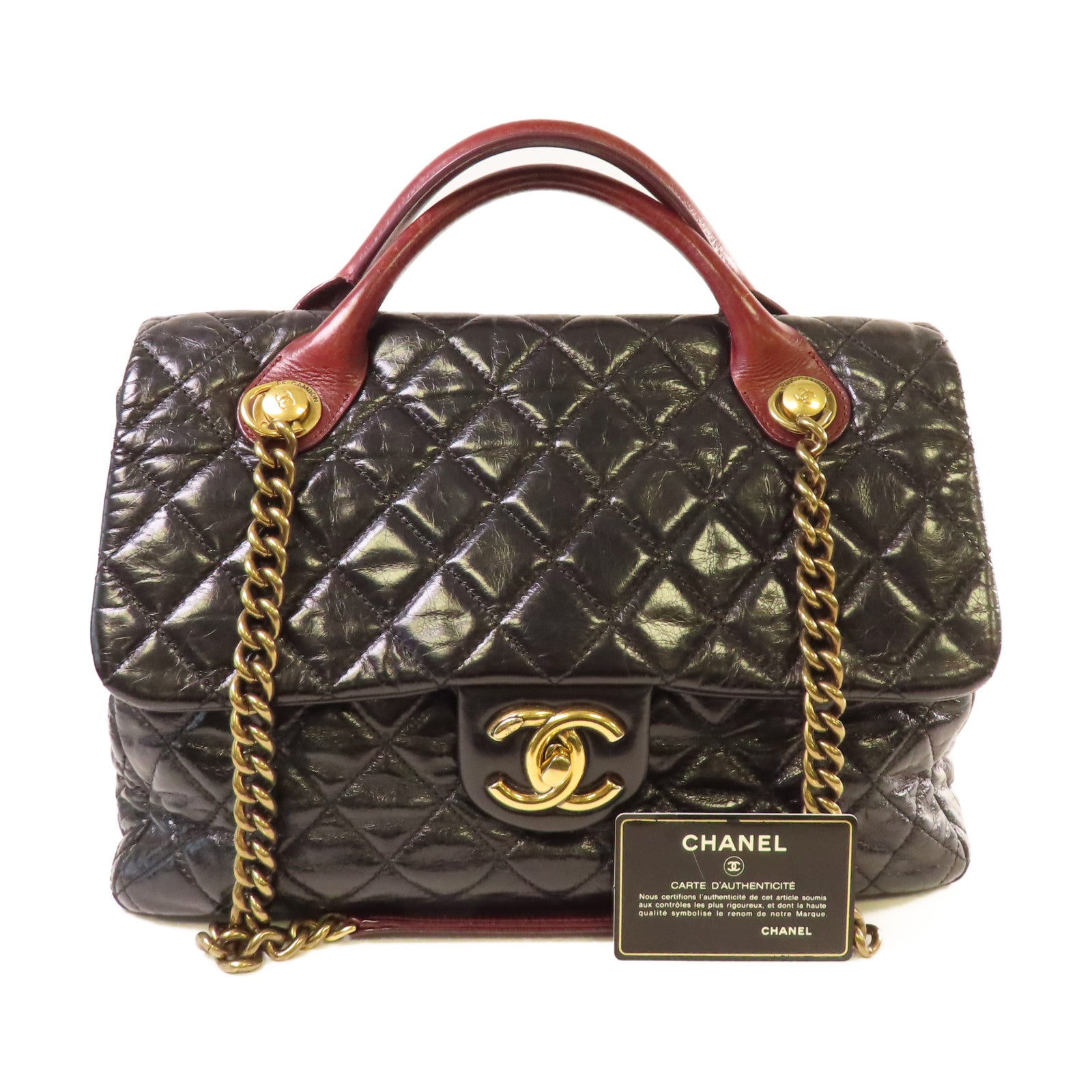 CHANEL 菱格牛皮皮革2Way Chain Shoulder Bag金扣鏈帶手挽肩背兩用袋黑色/酒紅色