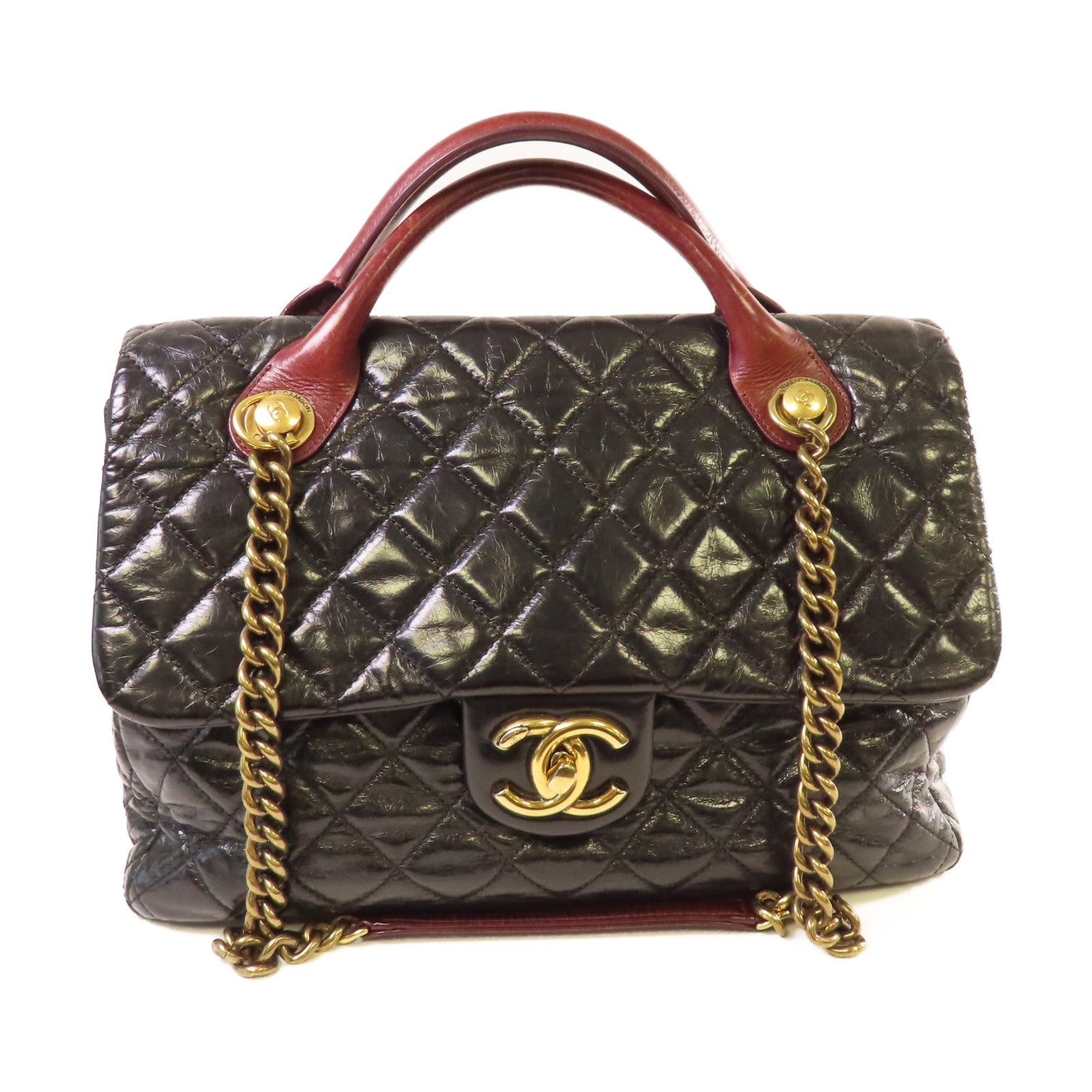 CHANEL 菱格牛皮皮革2Way Chain Shoulder Bag金扣鏈帶手挽肩背兩用袋黑色/酒紅色