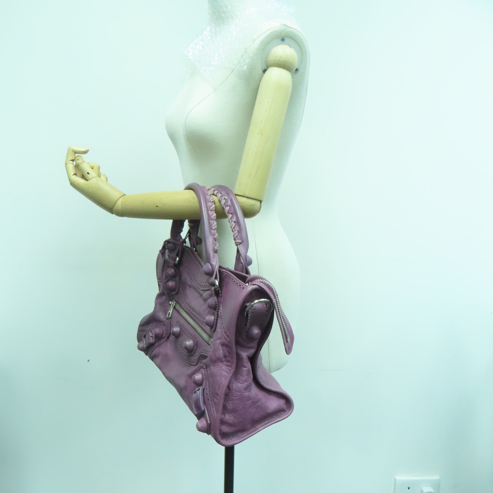 BALENCIAGA 牛皮皮革City银扣手挽肩背两用袋紫色