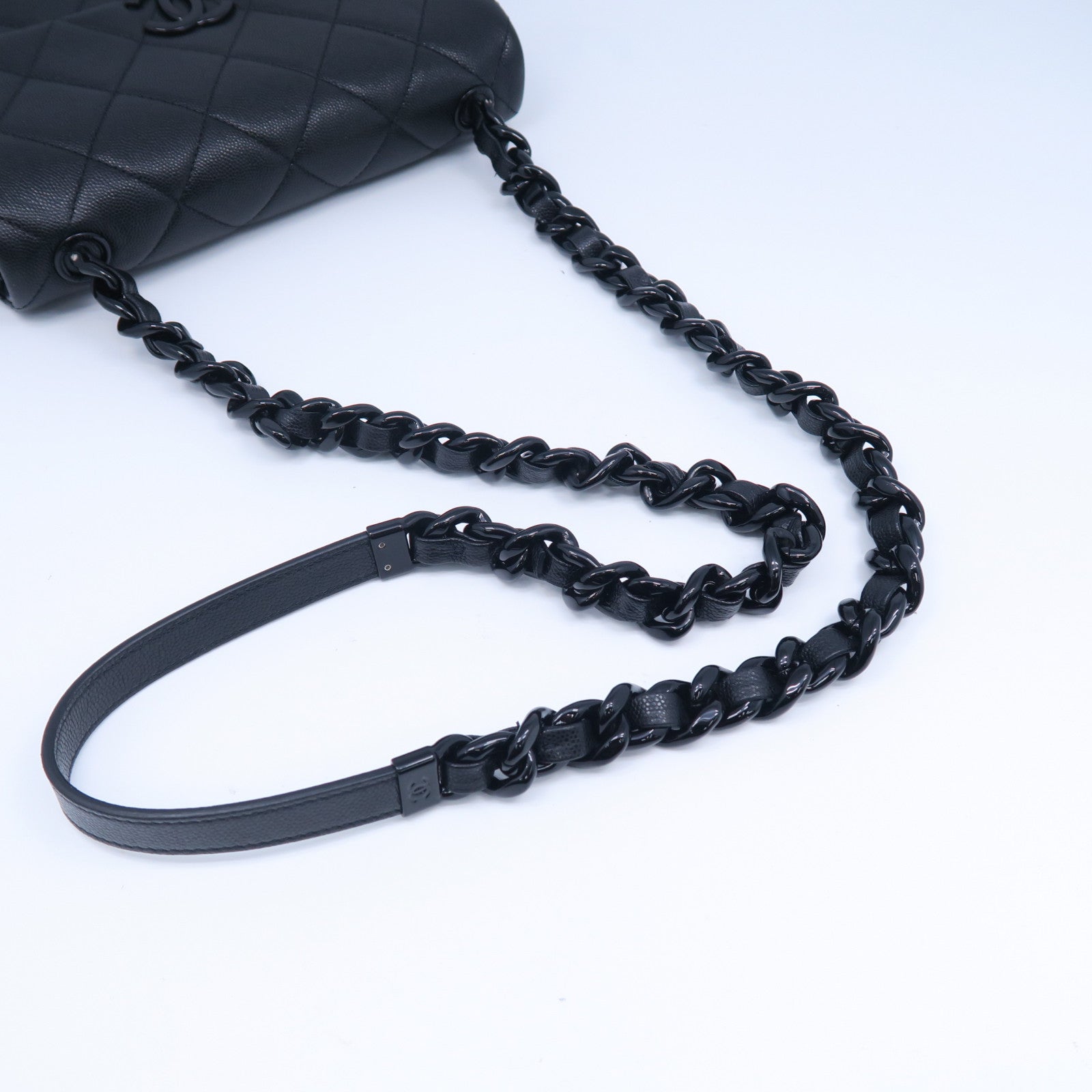 CHANEL 菱格牛皮皮革Chain Shoulder Bag銀扣鏈帶肩背袋黑色