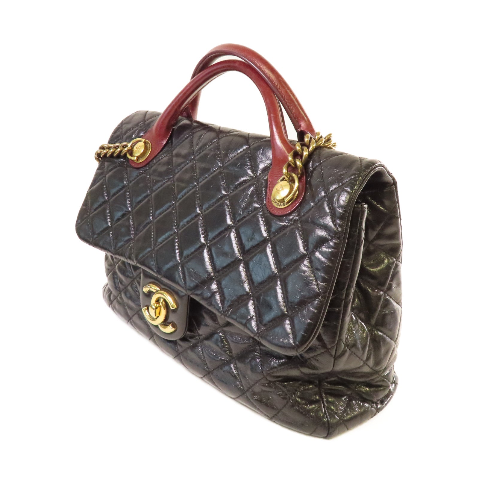 CHANEL 菱格牛皮皮革2Way Chain Shoulder Bag金扣鏈帶手挽肩背兩用袋黑色/酒紅色
