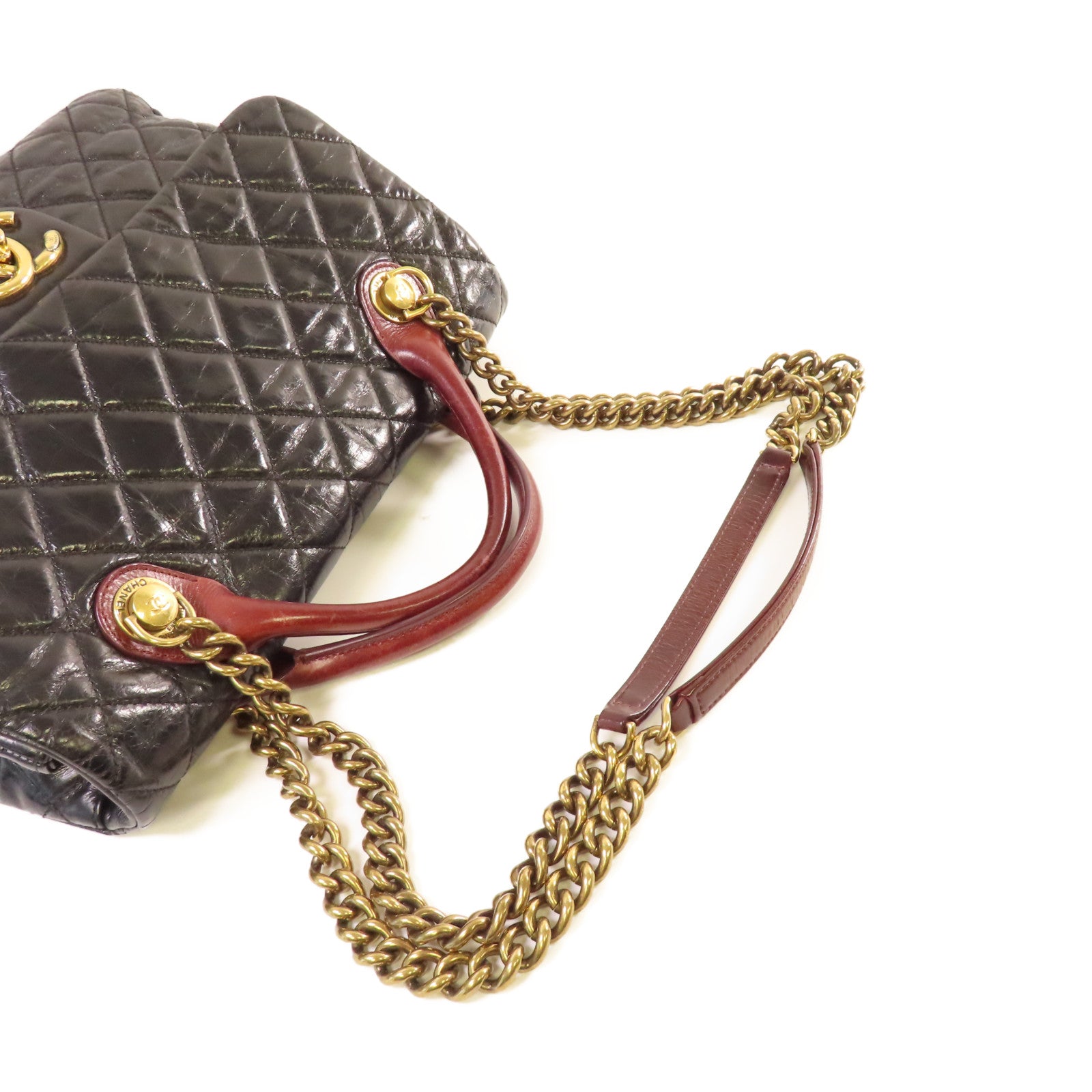 CHANEL 菱格牛皮皮革2Way Chain Shoulder Bag金扣鏈帶手挽肩背兩用袋黑色/酒紅色