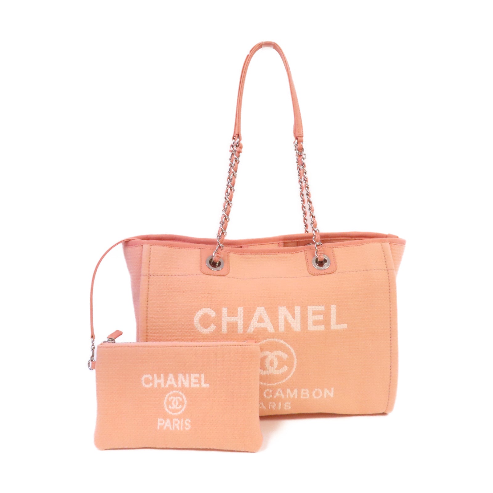 CHANEL 帆布Deauville Tote金扣鏈帶肩背袋粉紅色