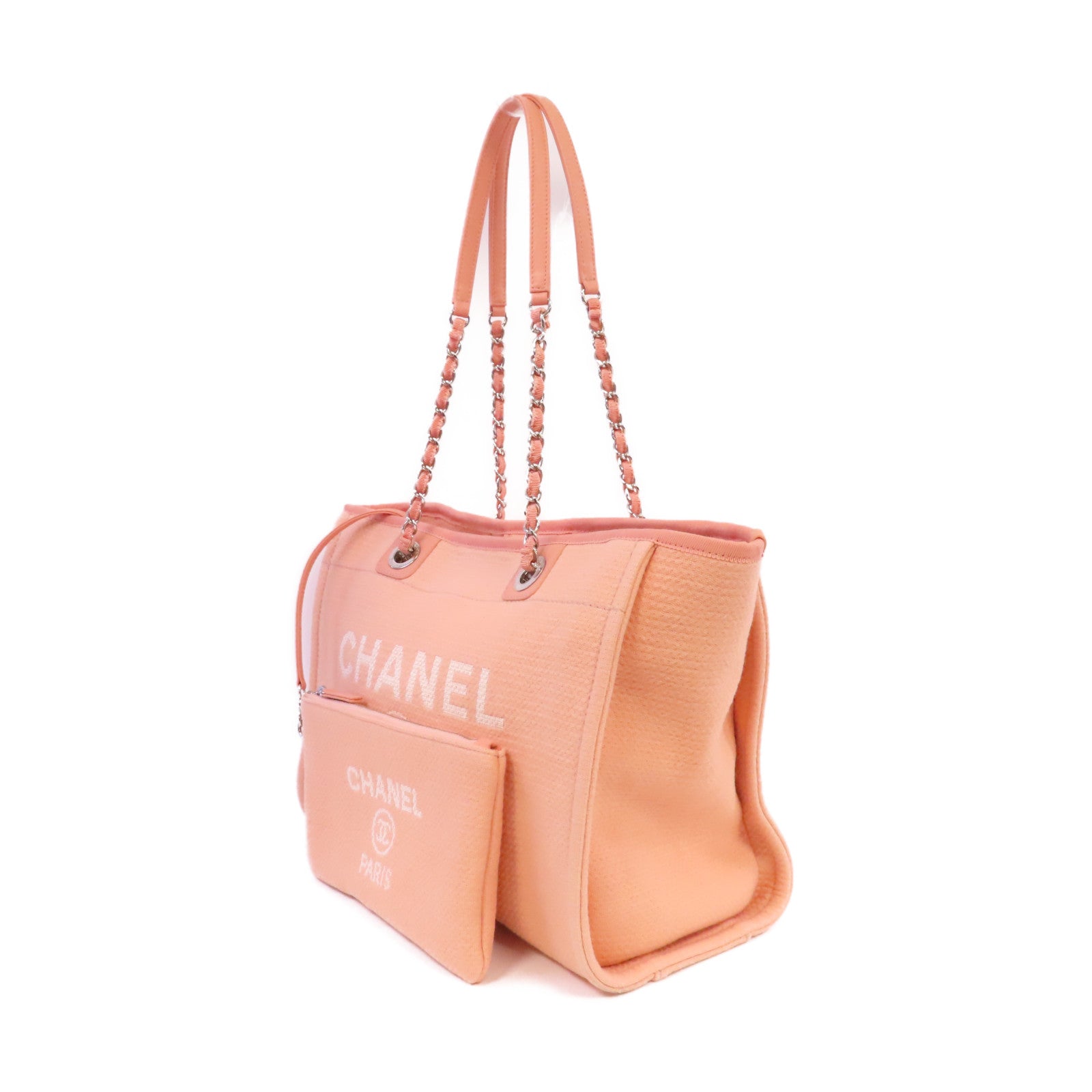 CHANEL 帆布Deauville Tote金扣鏈帶肩背袋粉紅色