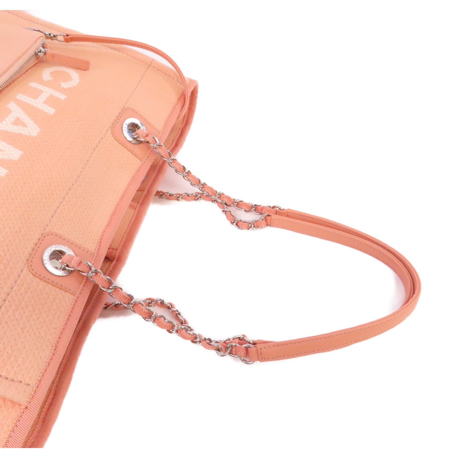CHANEL 帆布Deauville Tote金扣鏈帶肩背袋粉紅色