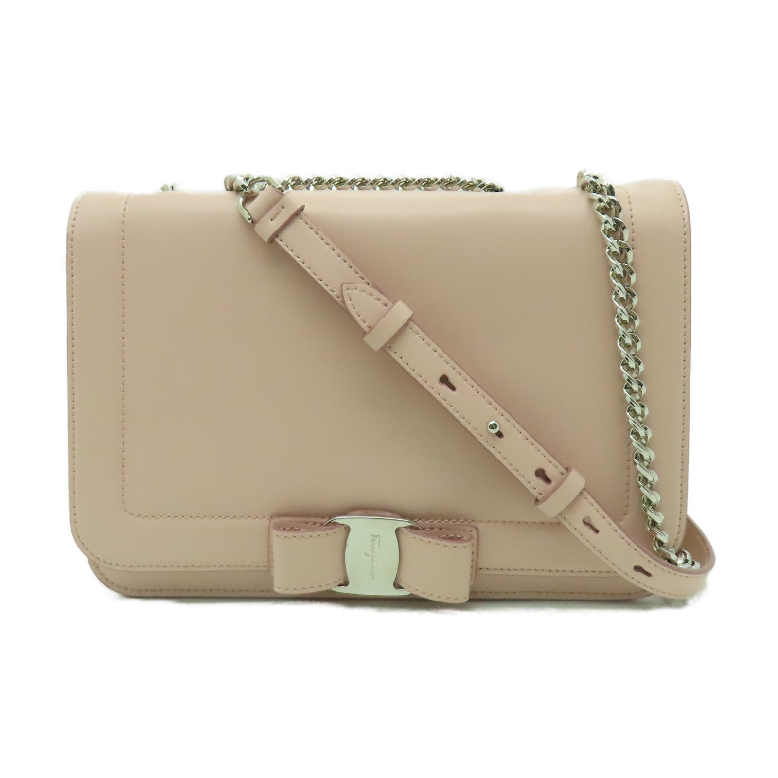 Salvatore Ferragamo 牛皮皮革Chain Shoulder銀扣肩背袋粉紅色