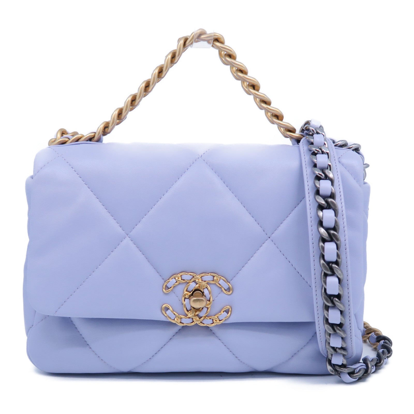 CHANEL 菱格羊皮皮革Chain Shoulder Bag金扣鏈帶手挽肩背兩用袋紫色