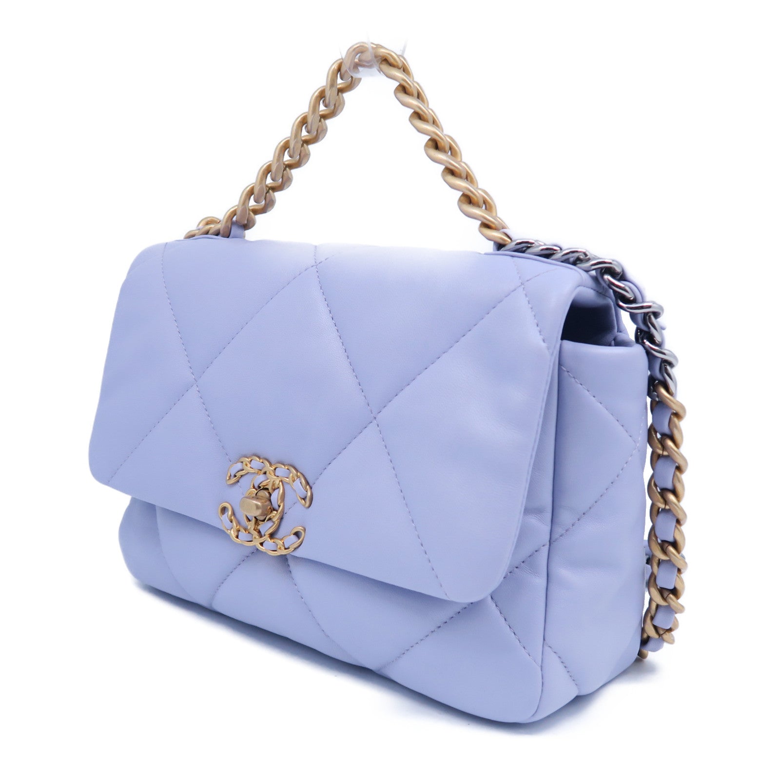 CHANEL 菱格羊皮皮革Chain Shoulder Bag金扣鏈帶手挽肩背兩用袋紫色