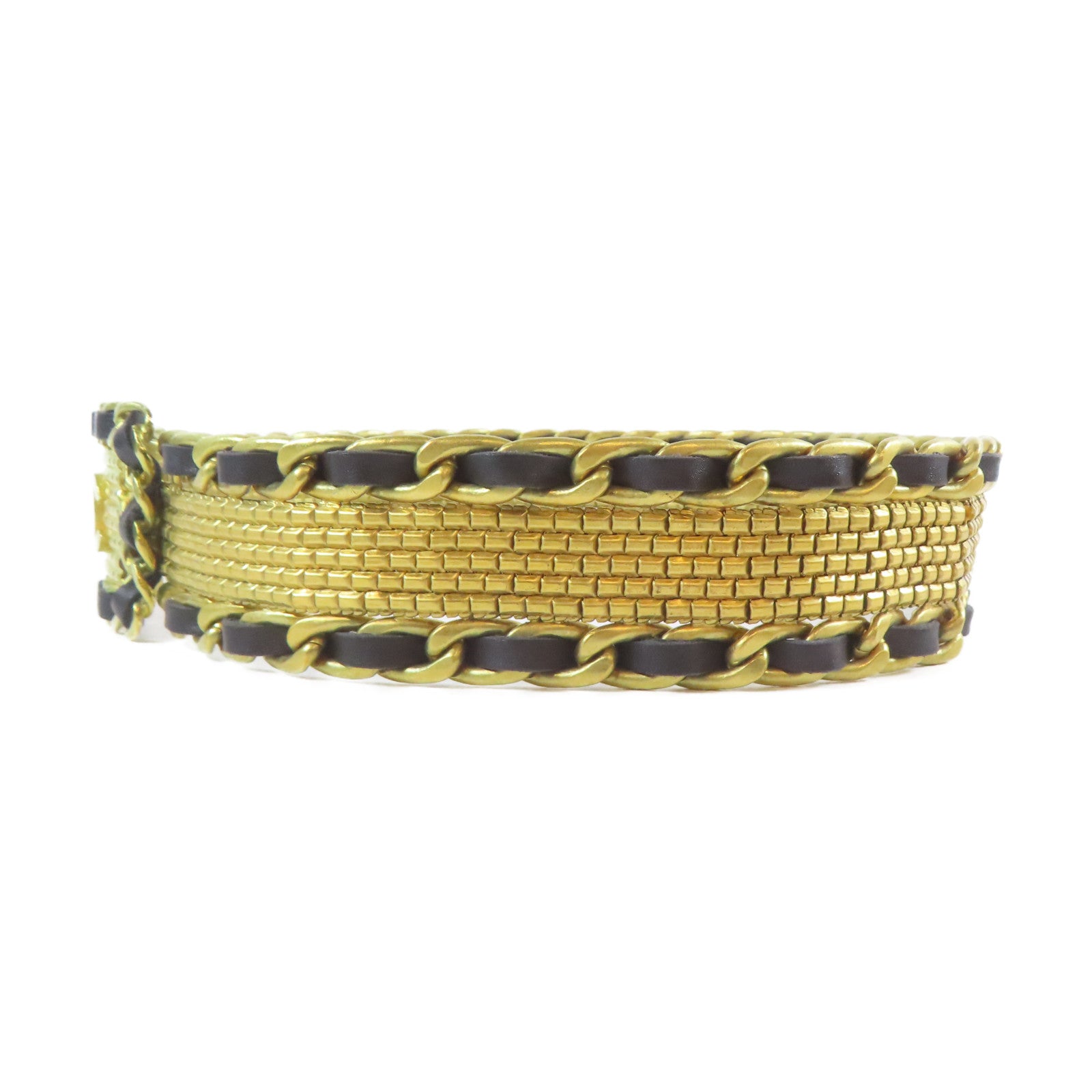 CHANEL 金屬/皮革Chain Belt皮帶金色/黑色