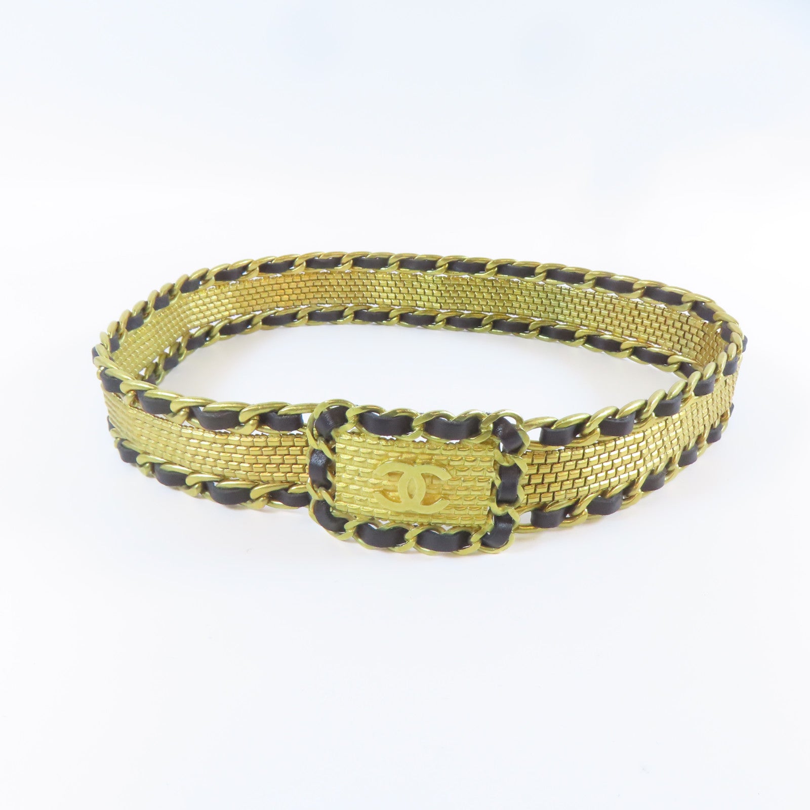 CHANEL 金屬/皮革Chain Belt皮帶金色/黑色