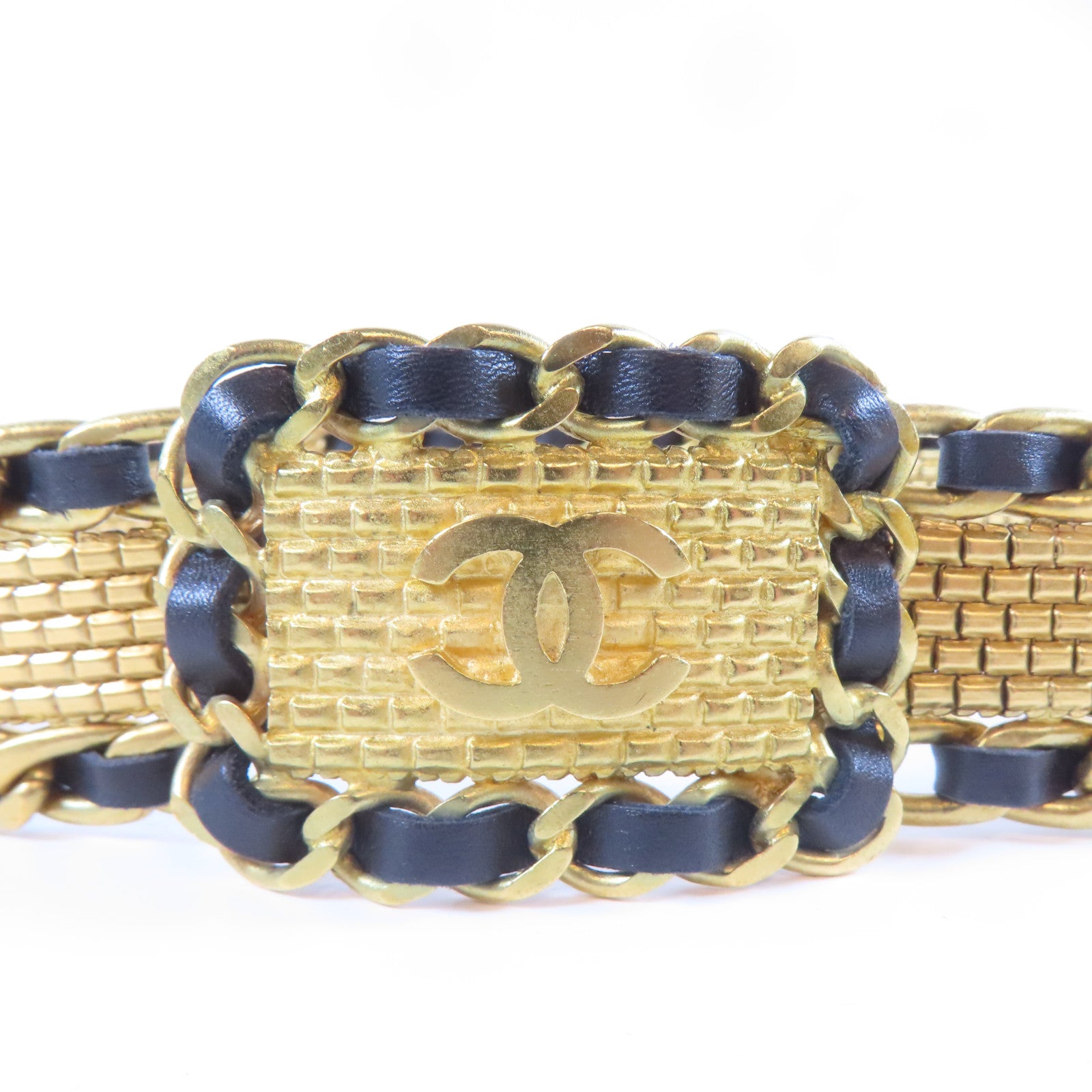 CHANEL 金屬/皮革Chain Belt皮帶金色/黑色