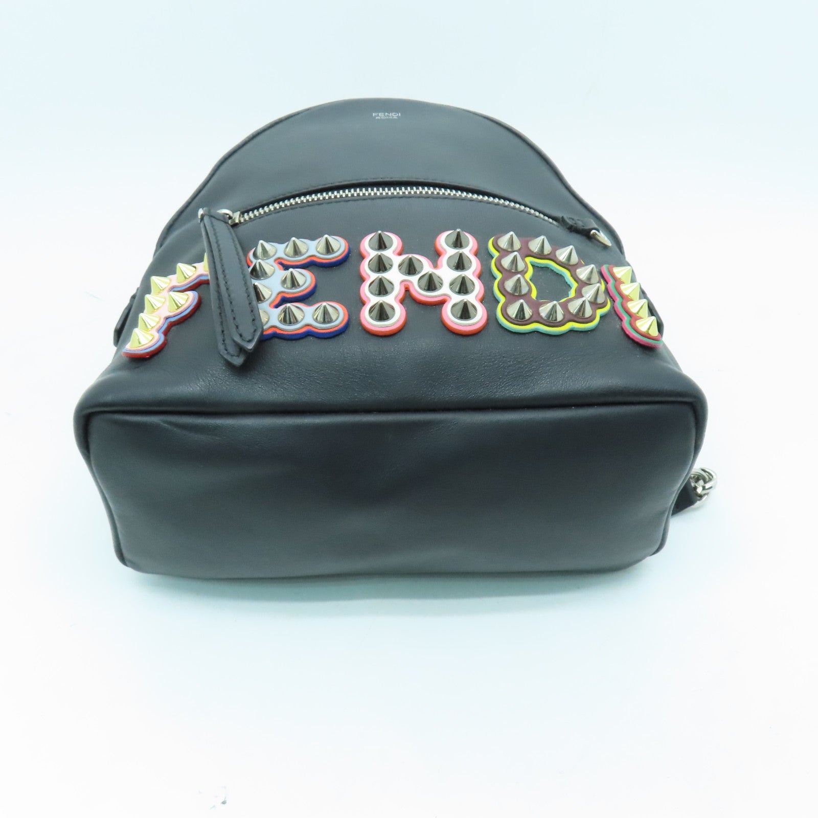 FENDI Cowhide Leather Backpack Silver Buckle Backpack Black