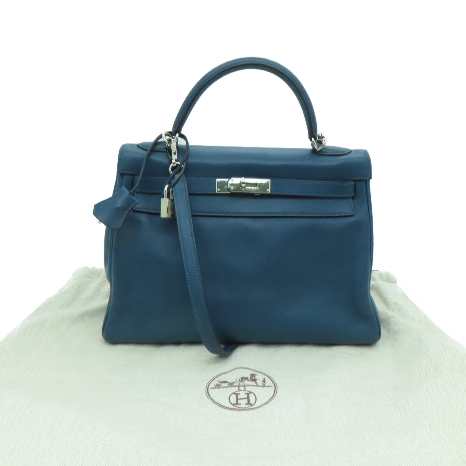 HERMES Swift leather Kelly 32 silver buckle handle shoulder bag dark blue