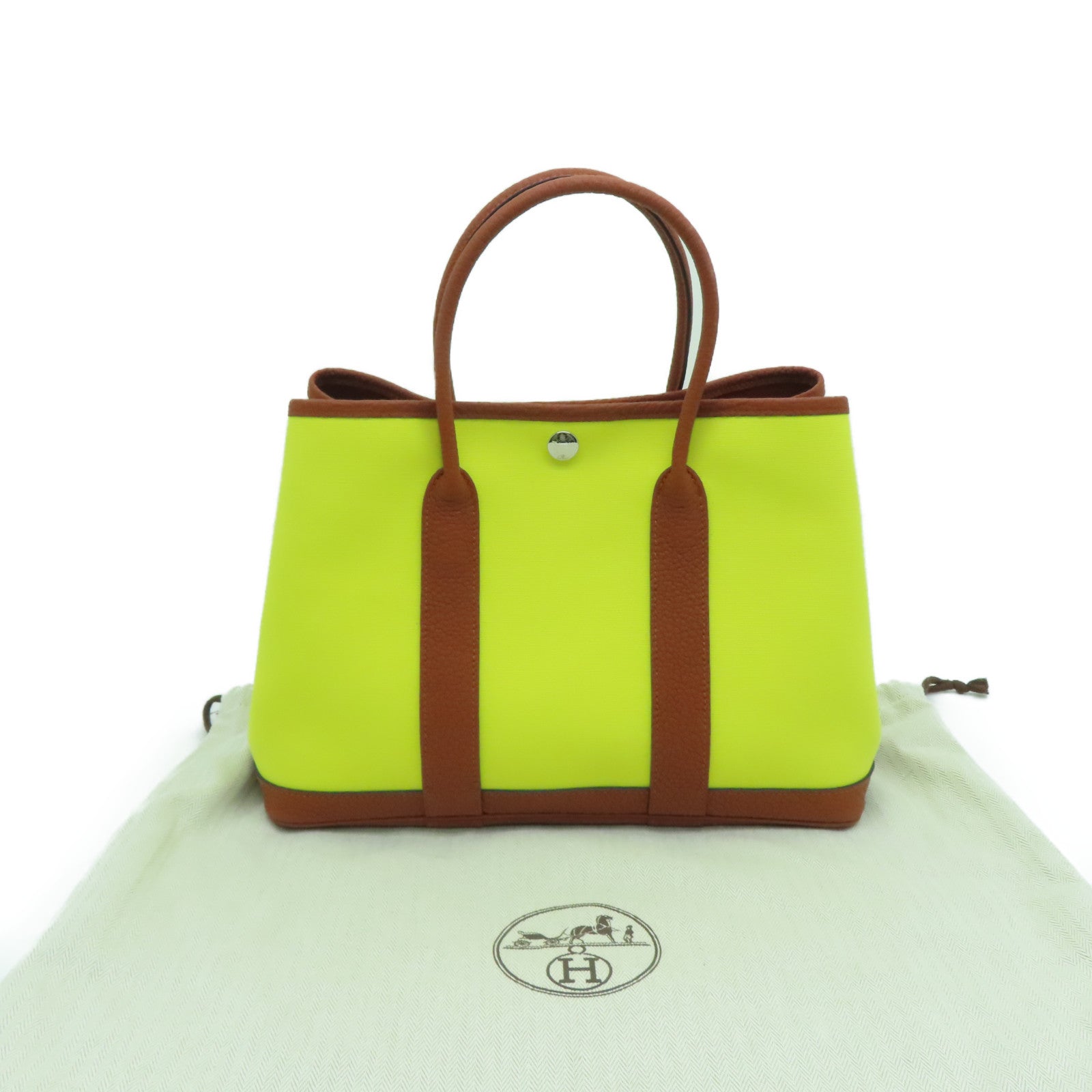 HERMES [Sharp Discount] Canvas Garden Party TPM Silver Buckle Hand Bag Yellow/Brown