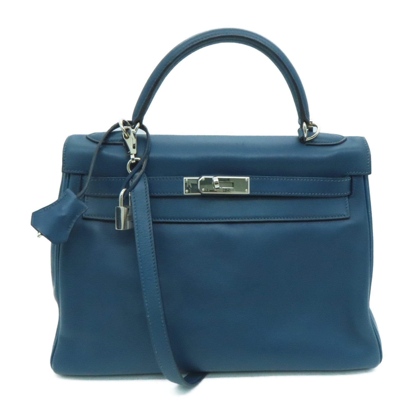 HERMES Swift leather Kelly 32 silver buckle handle shoulder bag dark blue