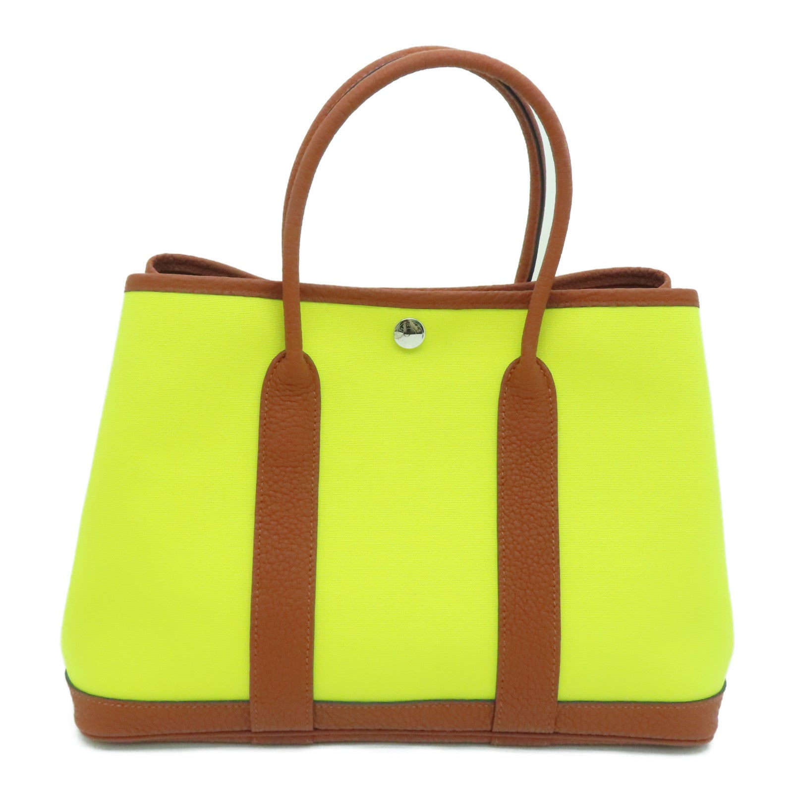HERMES [Sharp Discount] Canvas Garden Party TPM Silver Buckle Hand Bag Yellow/Brown