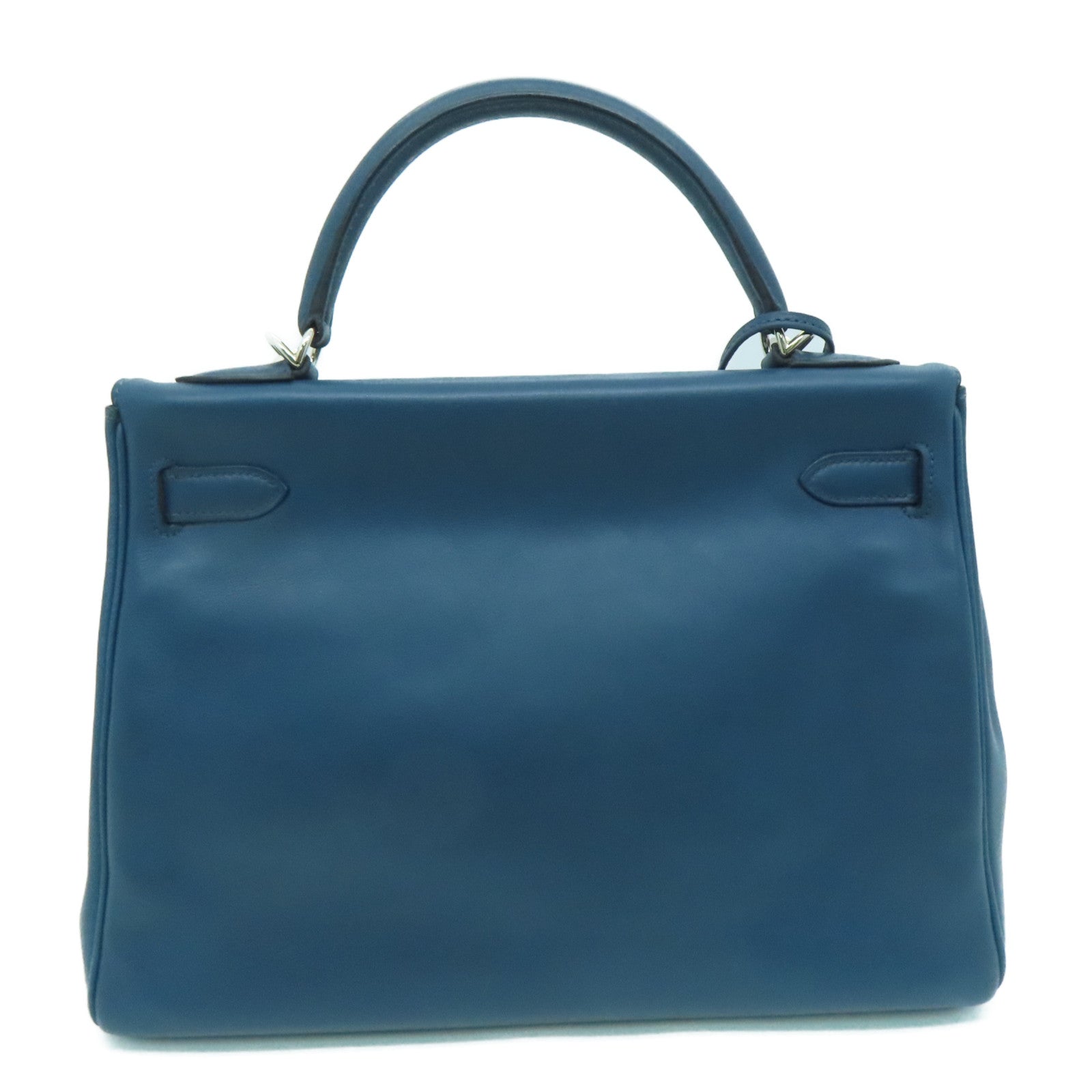 HERMES Swift leather Kelly 32 silver buckle handle shoulder bag dark blue