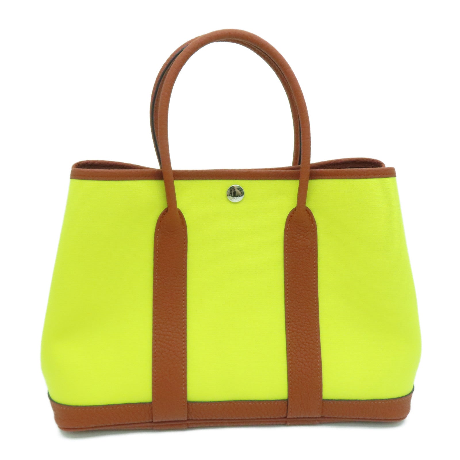 HERMES [Sharp Discount] Canvas Garden Party TPM Silver Buckle Hand Bag Yellow/Brown
