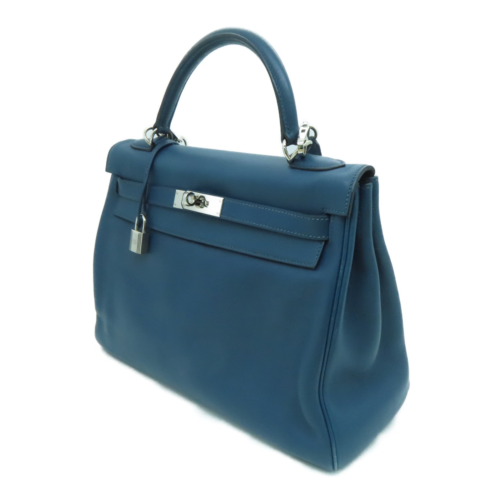 HERMES Swift leather Kelly 32 silver buckle handle shoulder bag dark blue