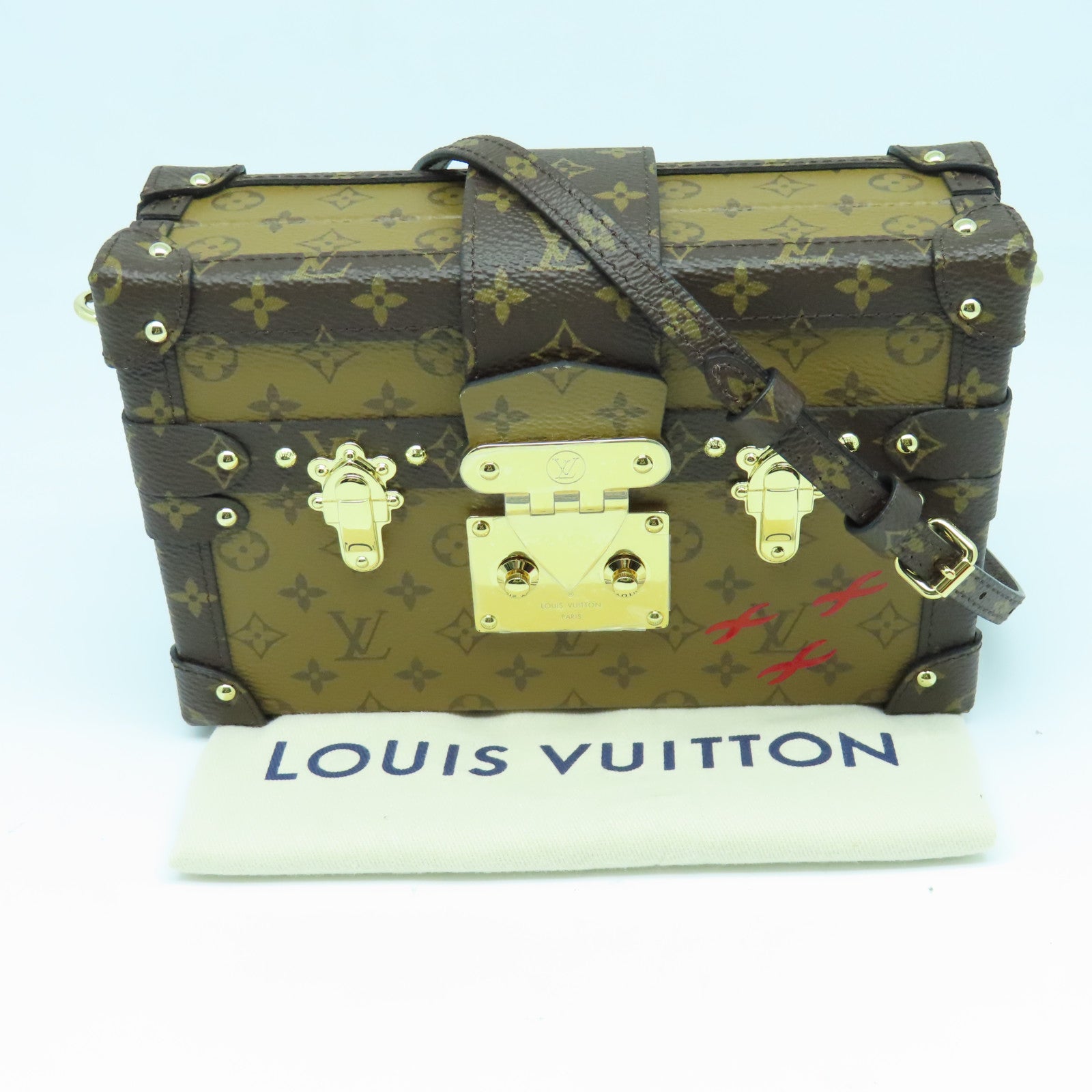 LOUIS VUITTON Monogram Reverse Petite Malle Gold Buckle Shoulder Bag Brown
