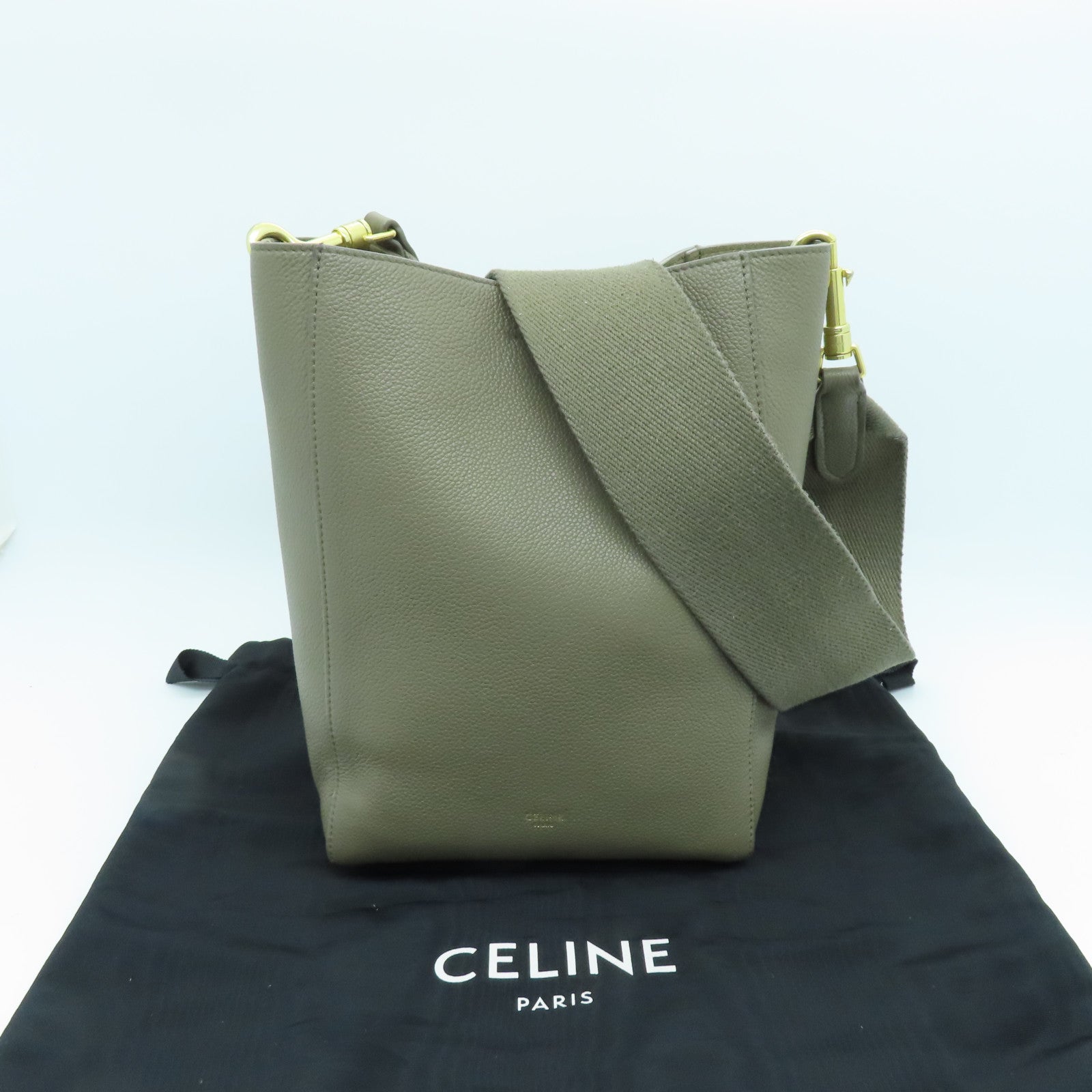 CELINE Cowhide Leather Small Sangle Bucket Gold Buckle Shoulder Bag Beige
