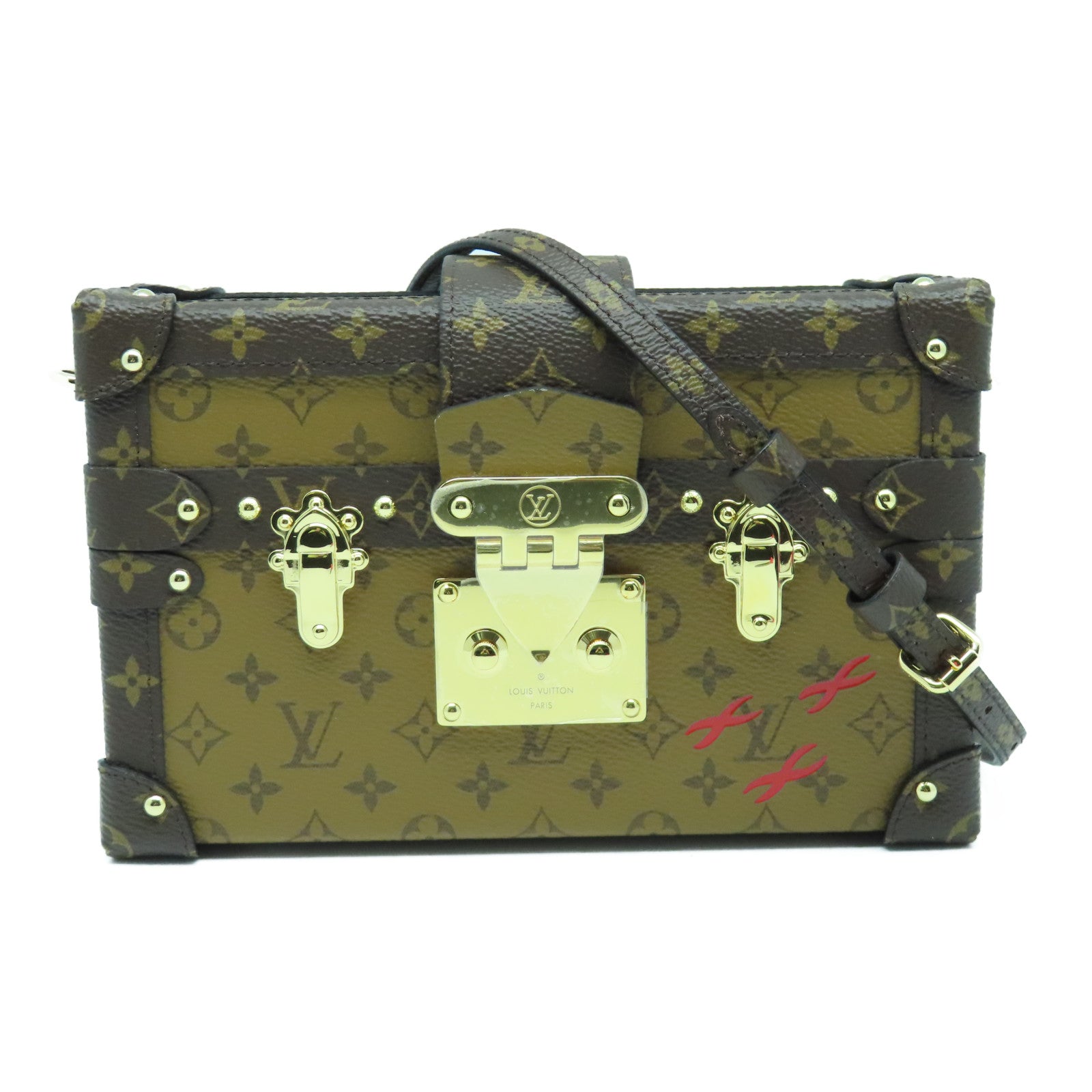 LOUIS VUITTON Monogram Reverse Petite Malle Gold Buckle Shoulder Bag Brown