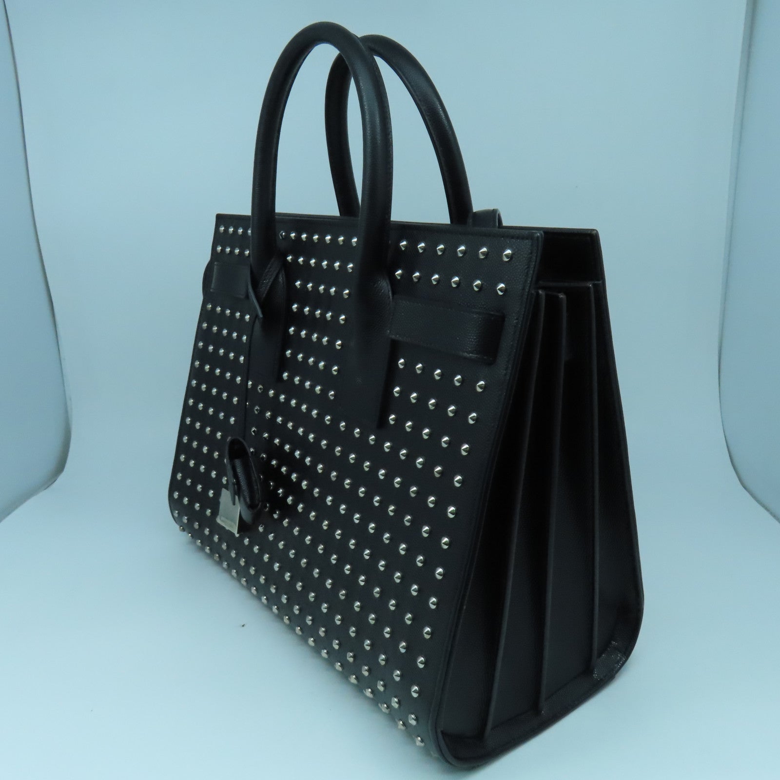 SAINT LAURENT 牛皮皮革Studs Sac de Jour Bag銀扣手挽肩背兩用袋黑色