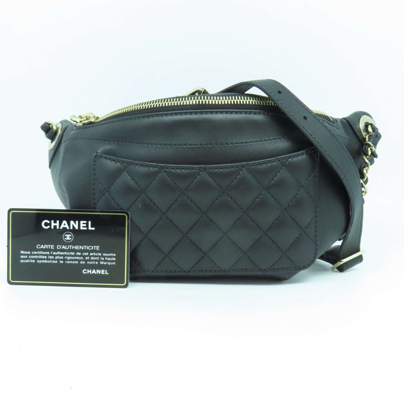 CHANEL 菱格羊皮皮革Waist Bag金扣腰包黑色