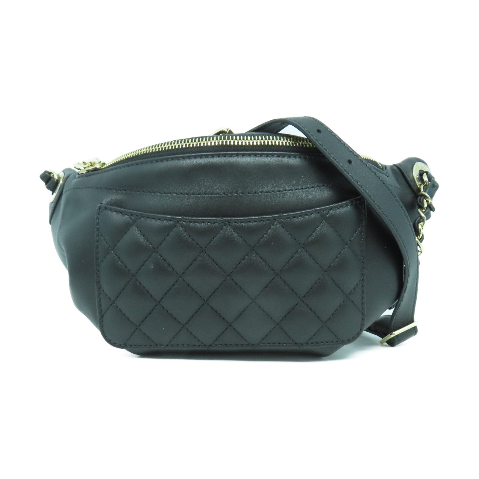 CHANEL 菱格羊皮皮革Waist Bag金扣腰包黑色