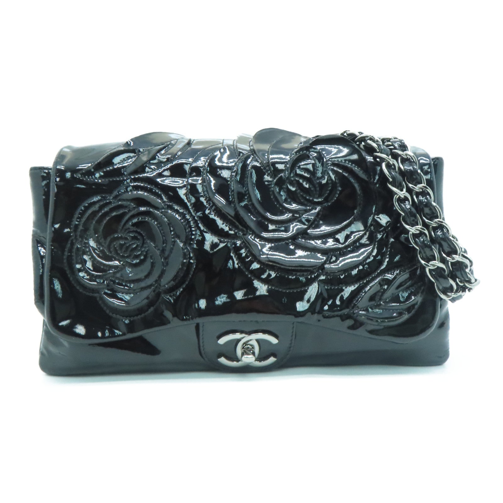 CHANEL 漆皮皮革Chain Shoulder Bag銀扣鏈帶肩背袋黑色