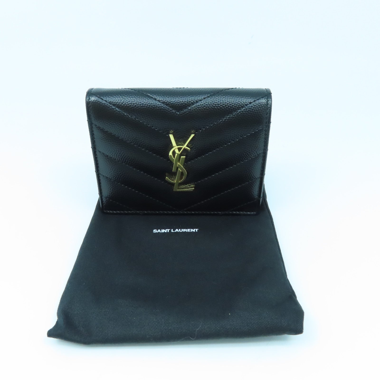SAINT LAURENT Calfskin Leather Wallet Gold Buckle Wallet Black