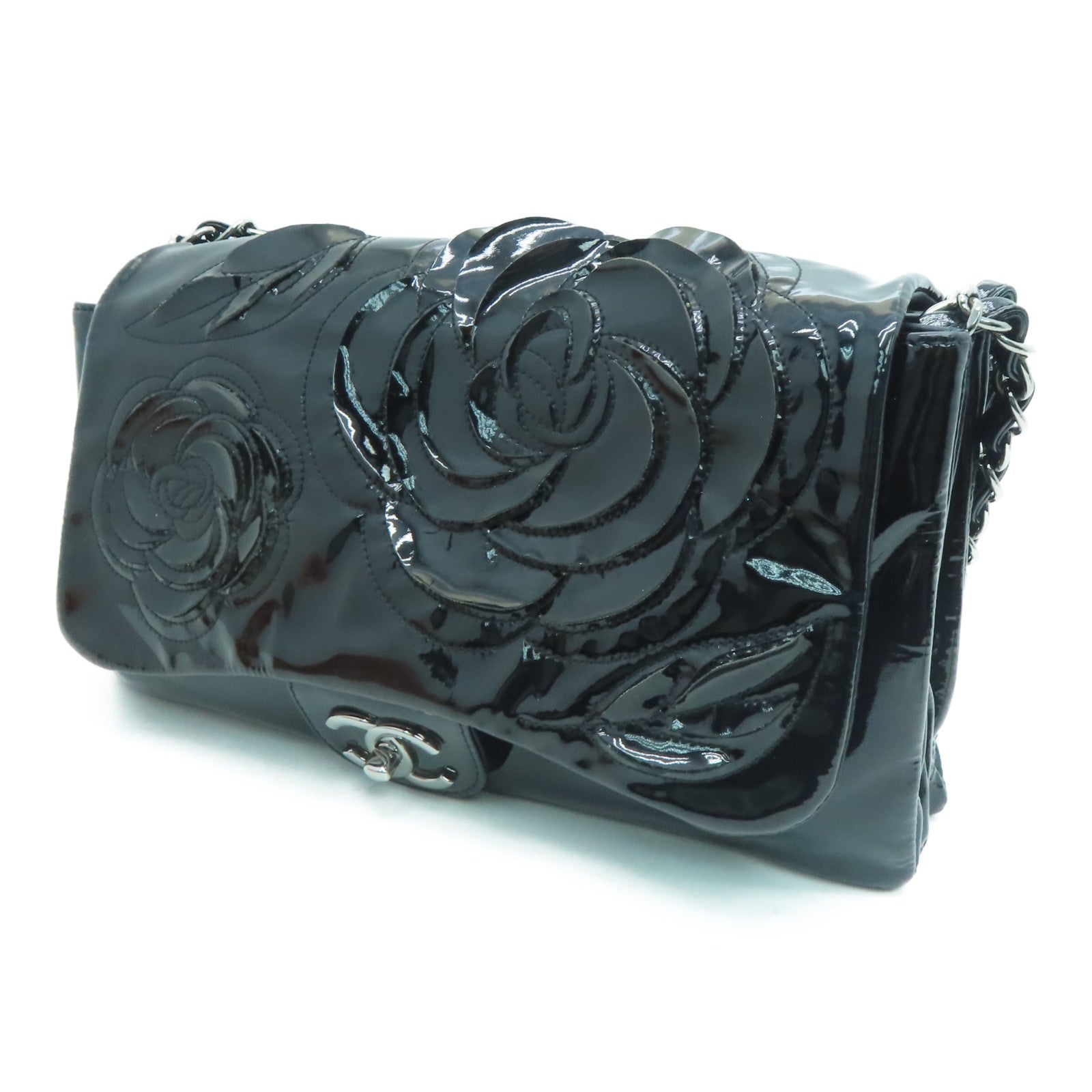 CHANEL 漆皮皮革Chain Shoulder Bag銀扣鏈帶肩背袋黑色