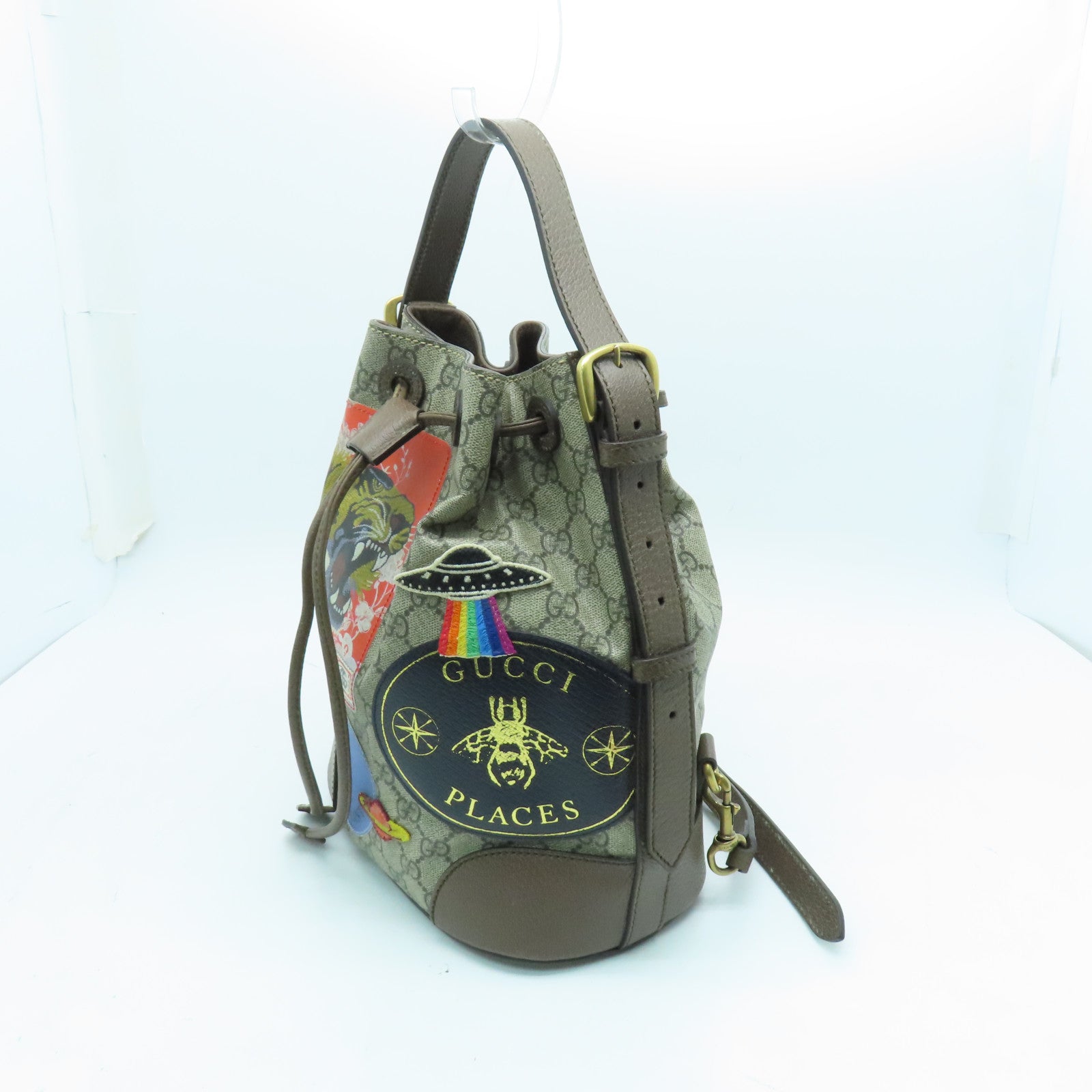 GUCCI Coated Canvas Backpack Gold Buckle Backpack Brown