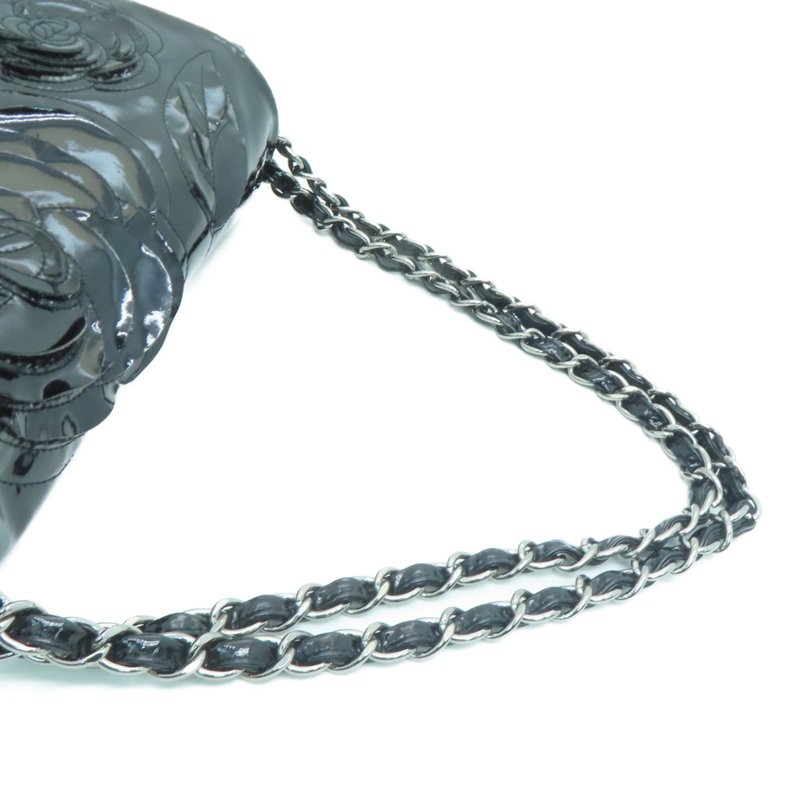 CHANEL 漆皮皮革Chain Shoulder Bag銀扣鏈帶肩背袋黑色