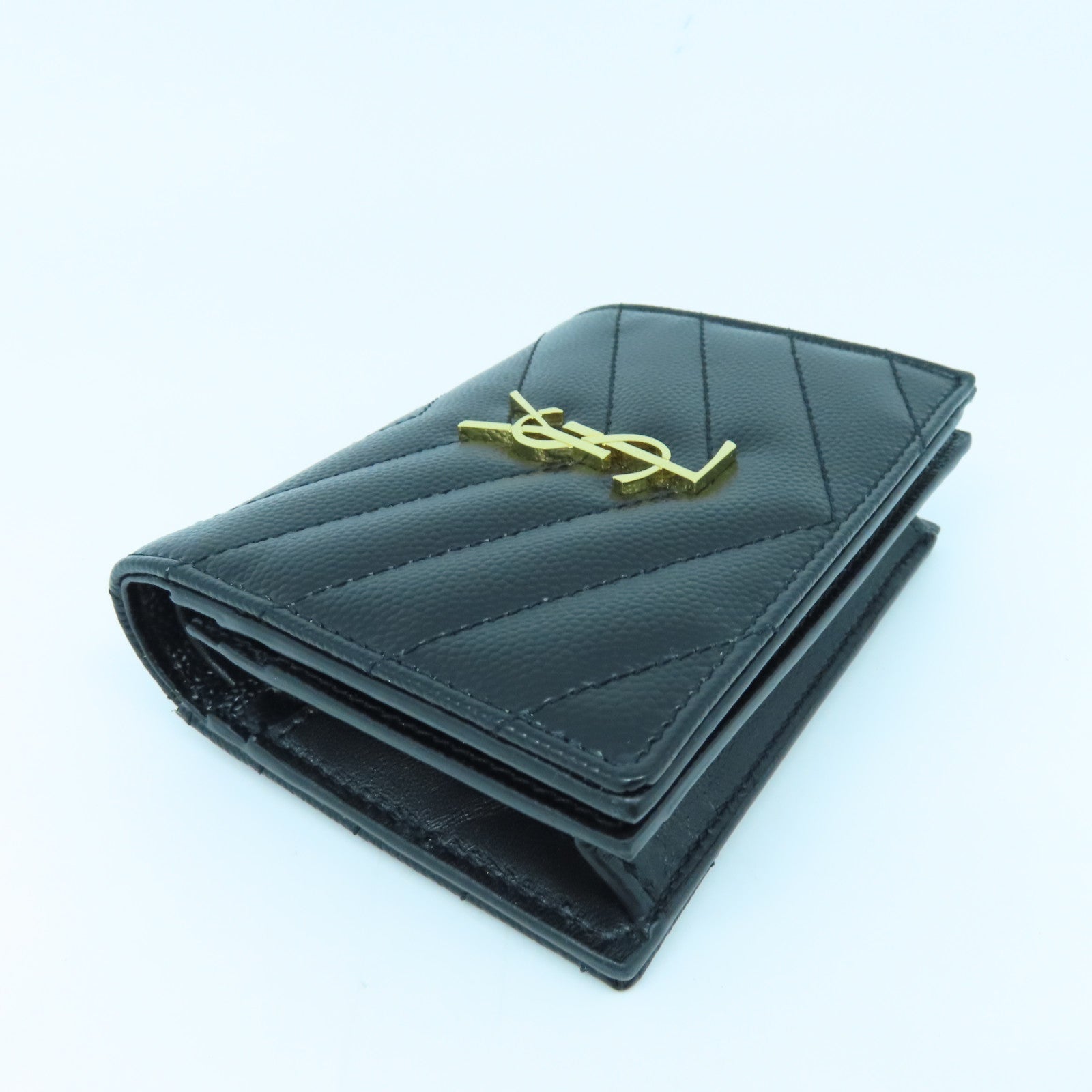 SAINT LAURENT Calfskin Leather Wallet Gold Buckle Wallet Black