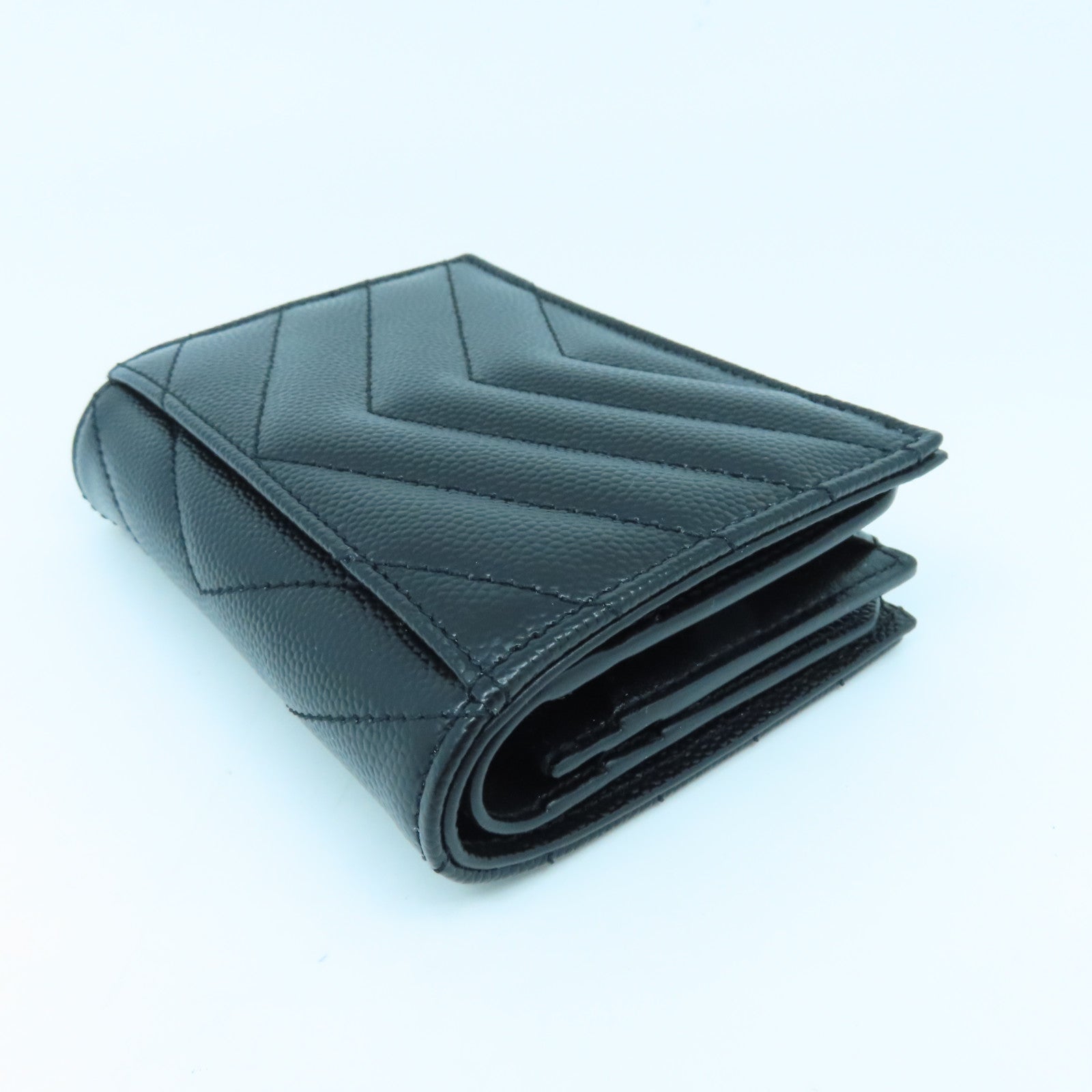 SAINT LAURENT Calfskin Leather Wallet Gold Buckle Wallet Black