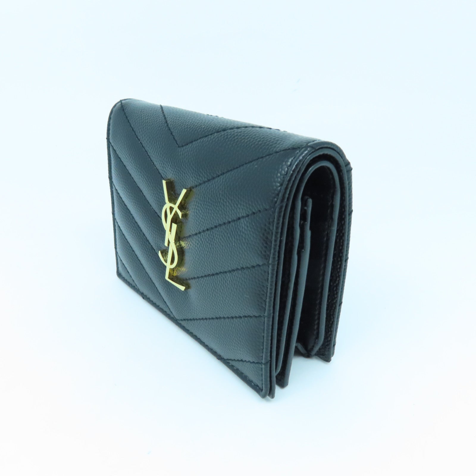 SAINT LAURENT Calfskin Leather Wallet Gold Buckle Wallet Black