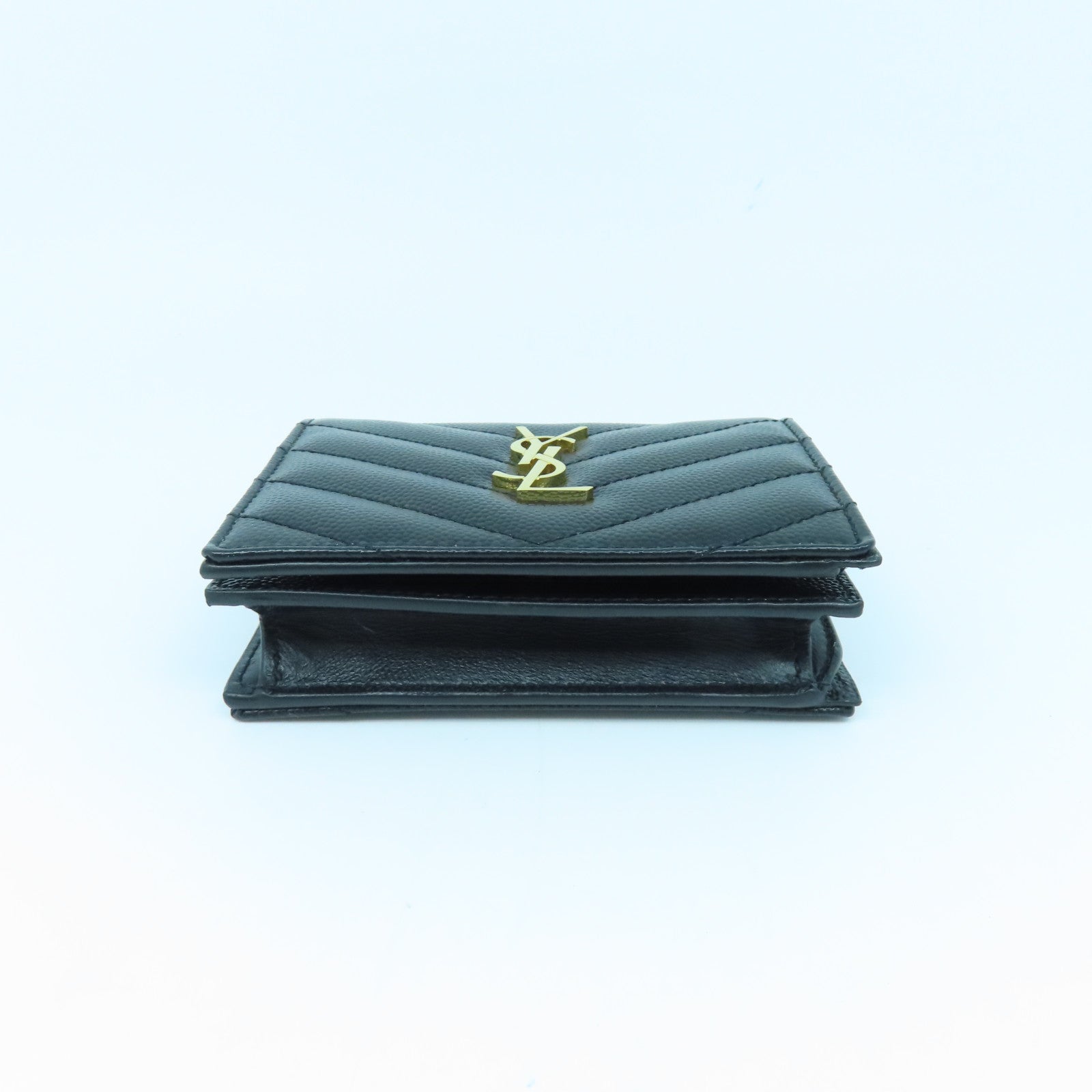 SAINT LAURENT Calfskin Leather Wallet Gold Buckle Wallet Black