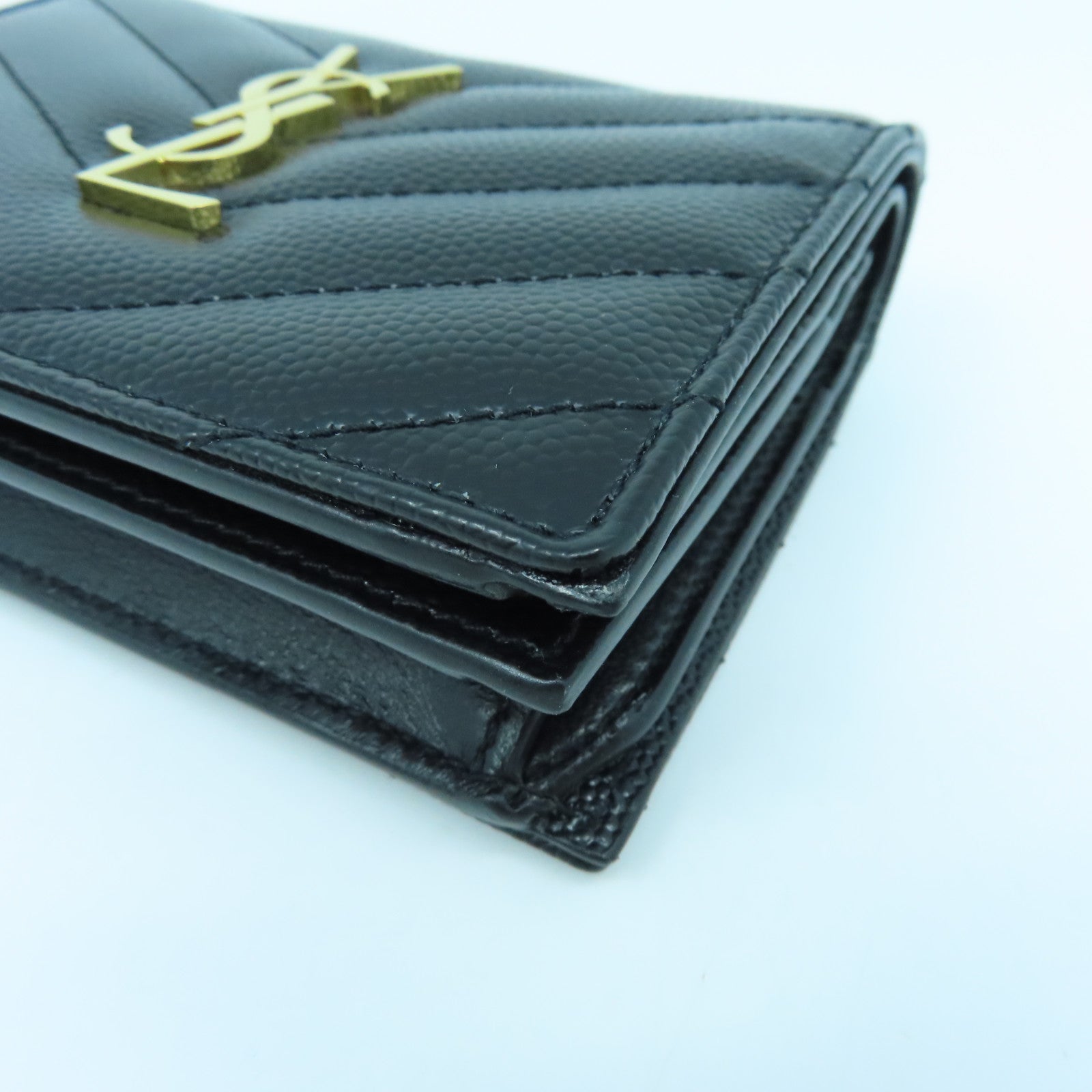 SAINT LAURENT Calfskin Leather Wallet Gold Buckle Wallet Black