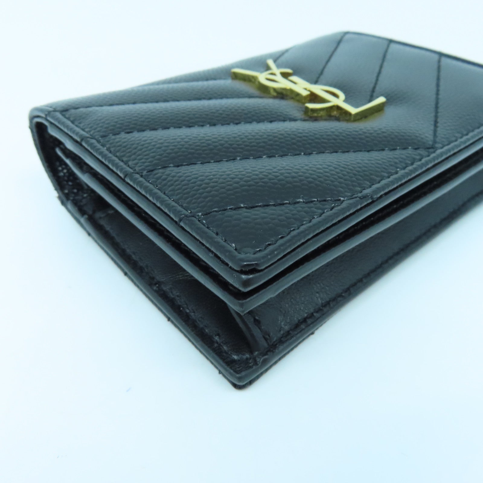 SAINT LAURENT Calfskin Leather Wallet Gold Buckle Wallet Black
