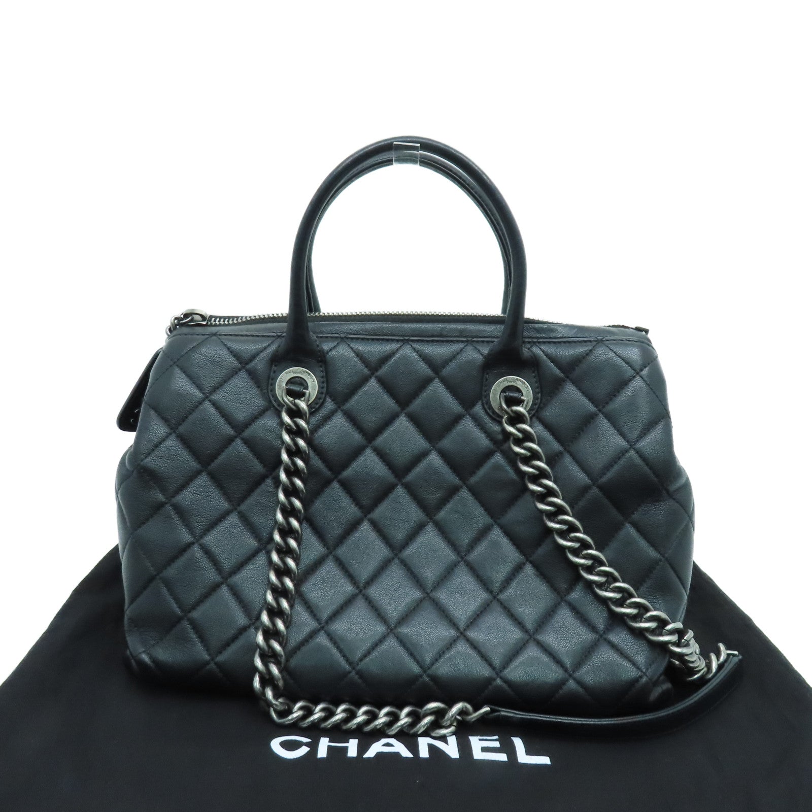 CHANEL diamond Caviar leather Tote Bag silver buckle handle bag black