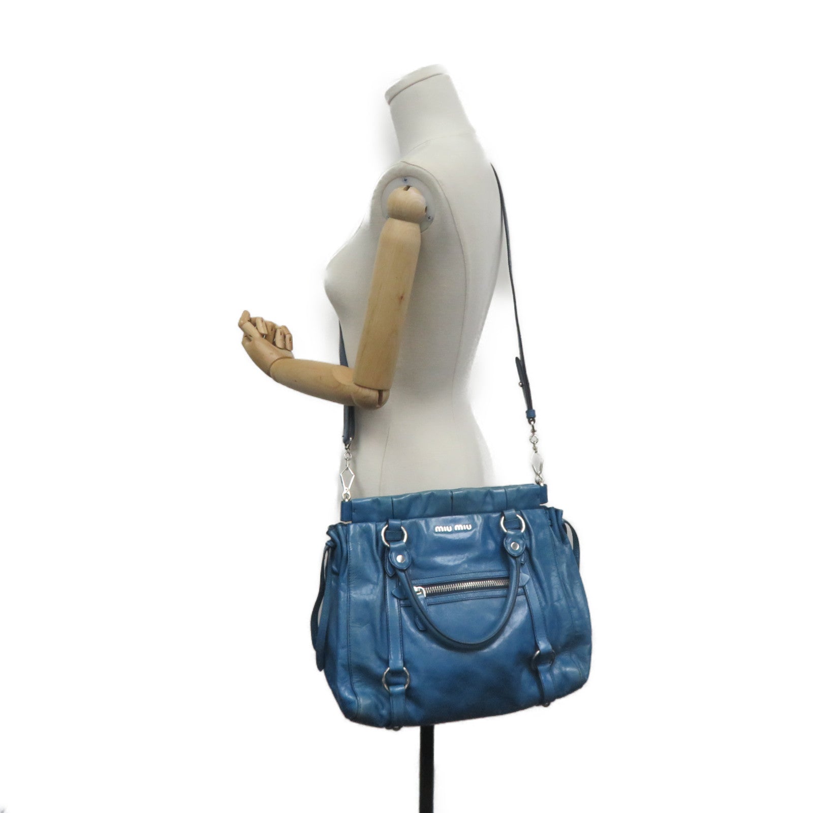 Miu Miu 【激減優惠】牛皮皮革2 Way Hand Bag手挽肩背兩用袋藍色