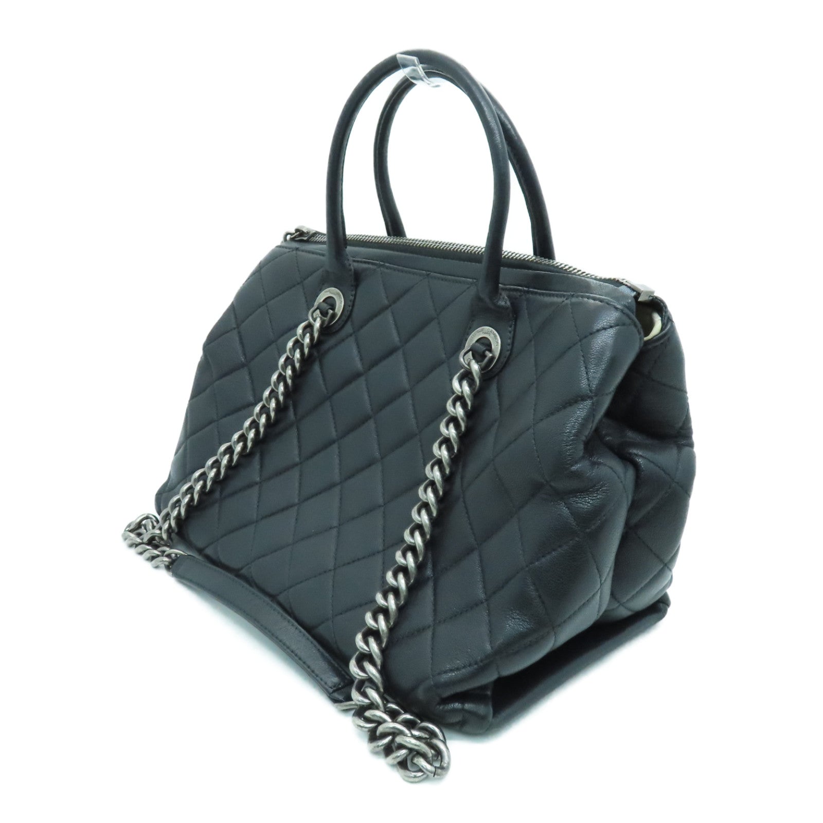 CHANEL diamond Caviar leather Tote Bag silver buckle handle bag black
